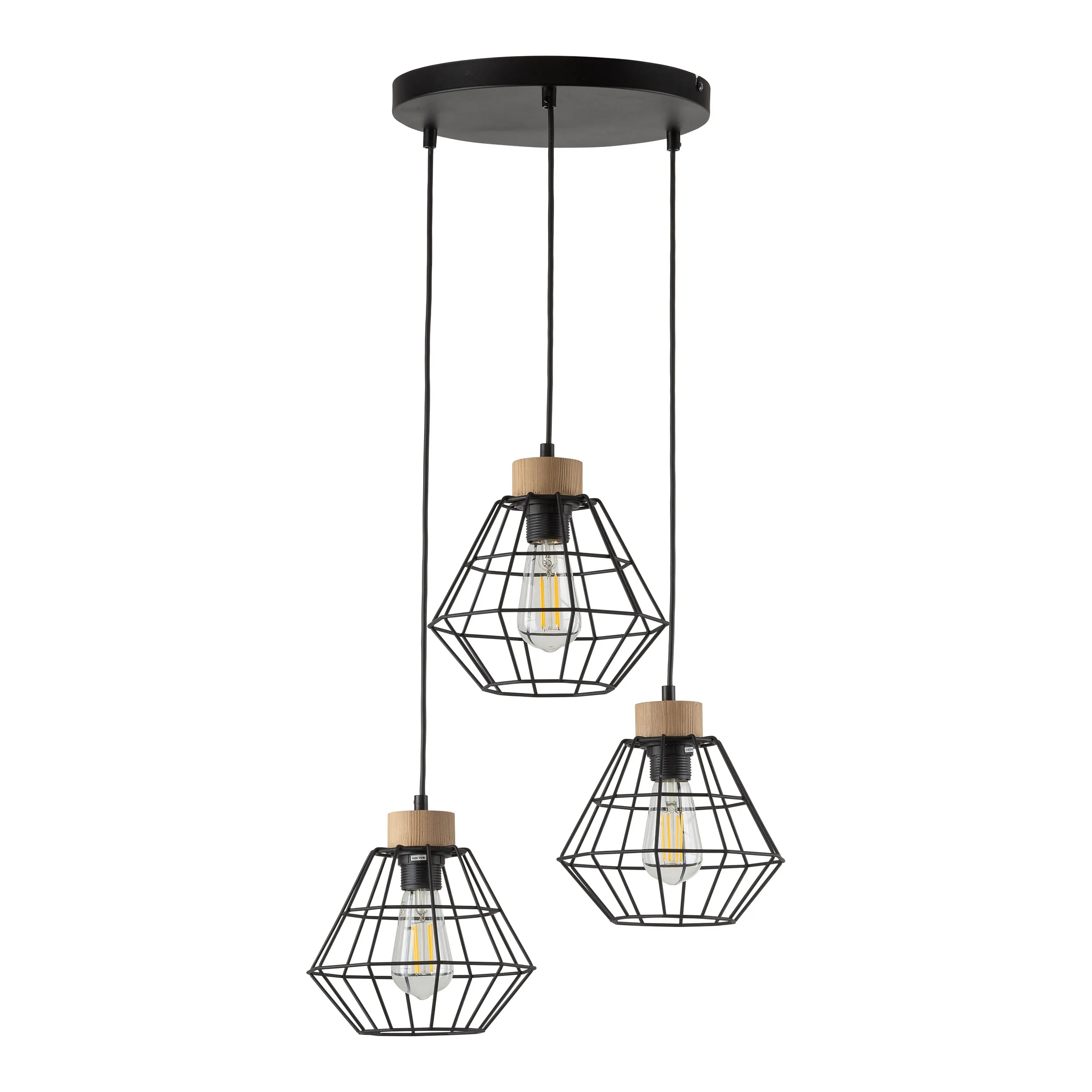 Lampa wisząca RAFAEL czarna z drewnianym elementem potrójna 90x45cm