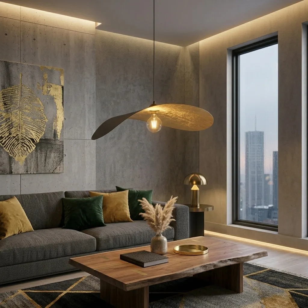 sofa, salon, pufa, lampa wisząca, dekor drewniany