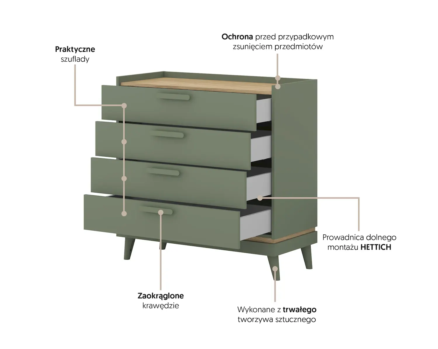 Komoda z 4 szufladami SCANDI 27 zielony-dąb olejowany - 24GDOH27