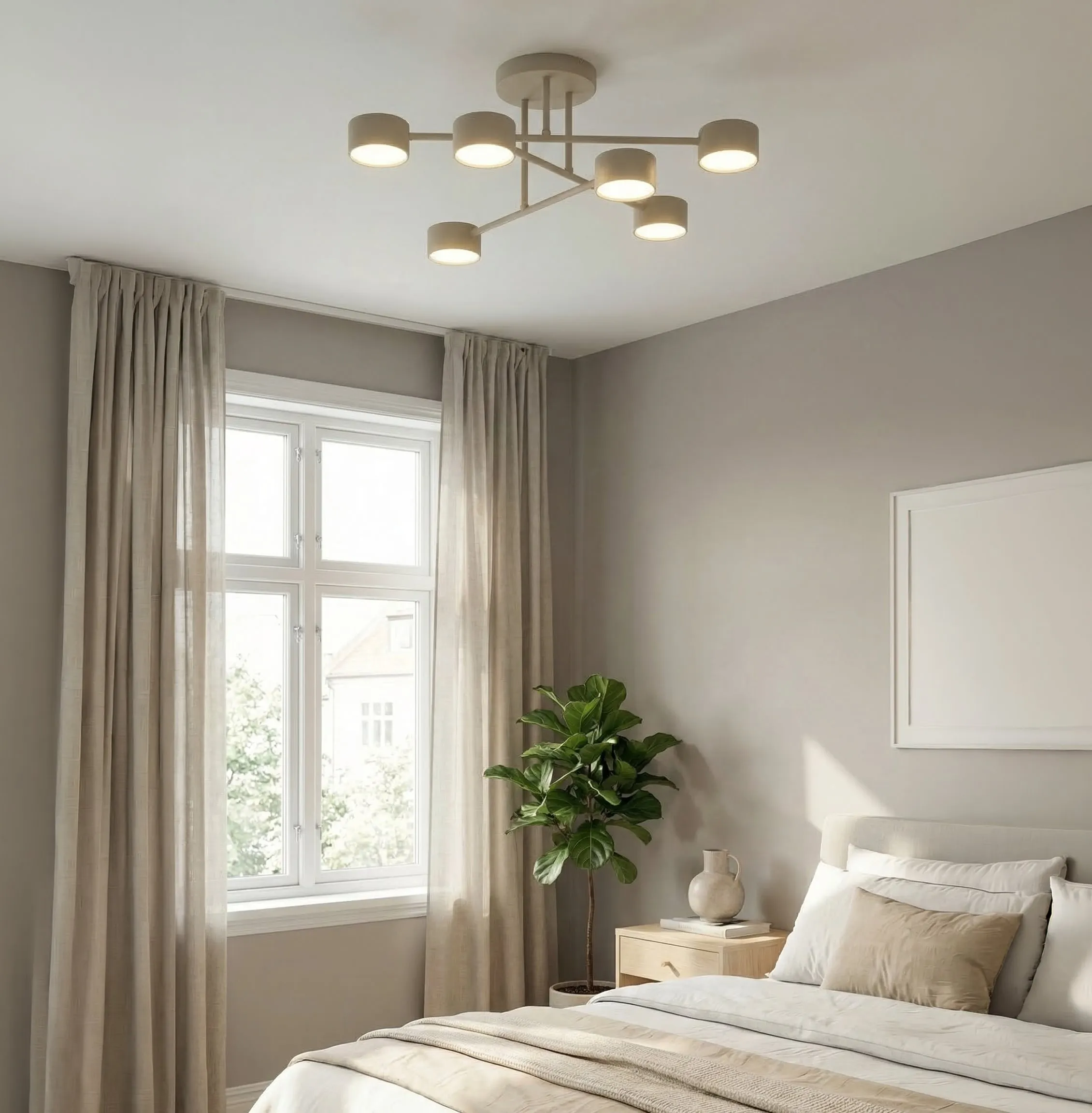 kinkiet, lampa sufitowa, biel, sypialnia, okno