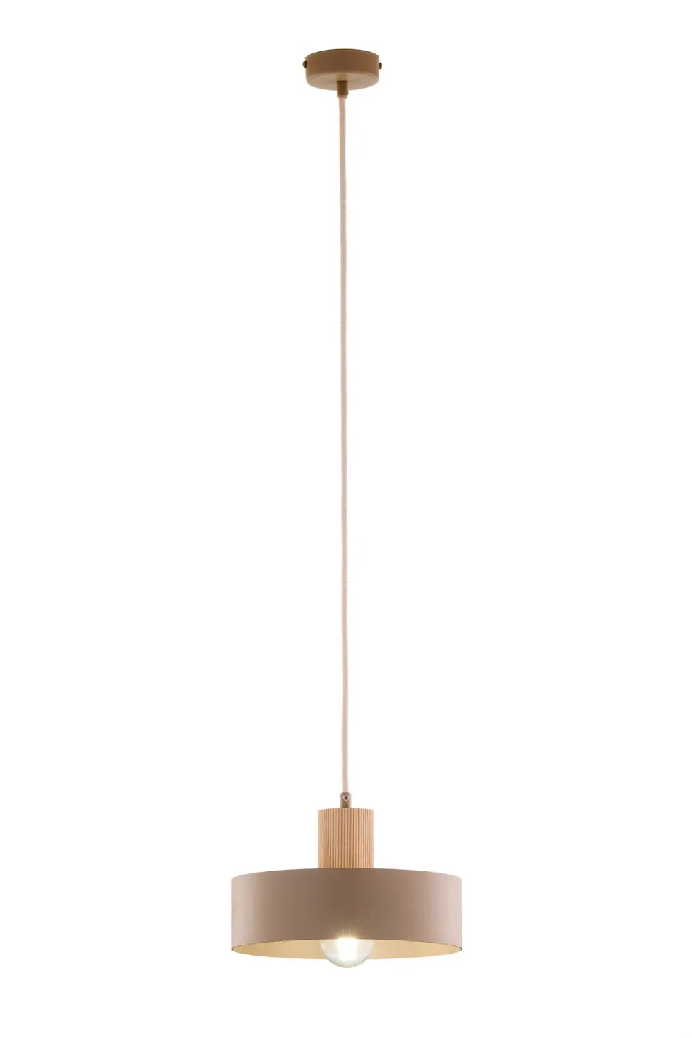lampa wisząca, półkula, metalowy abażur, piaskowy kolor, żarówka