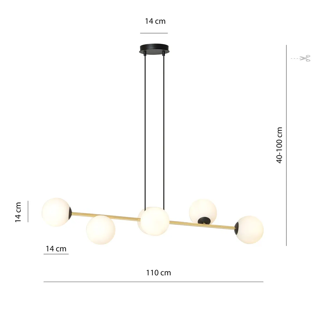 lampa wisząca, kule/globus, metalowa belka, czarne kable, szklane kule