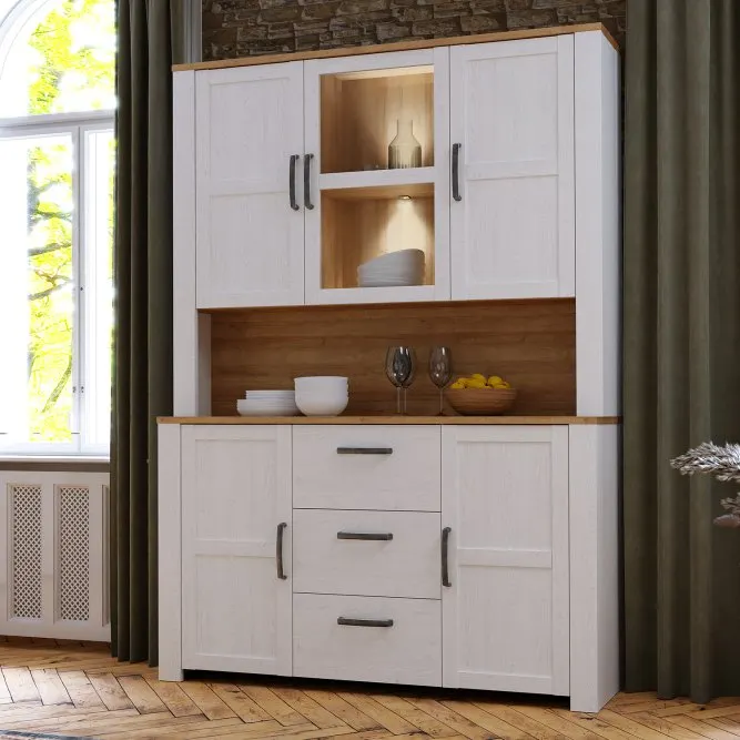 Witryna - kredens 5-drzwiowa z 3 szufladami CHISBURY - dąb riviera, modrzew jasny sibu - BHLV831-M482