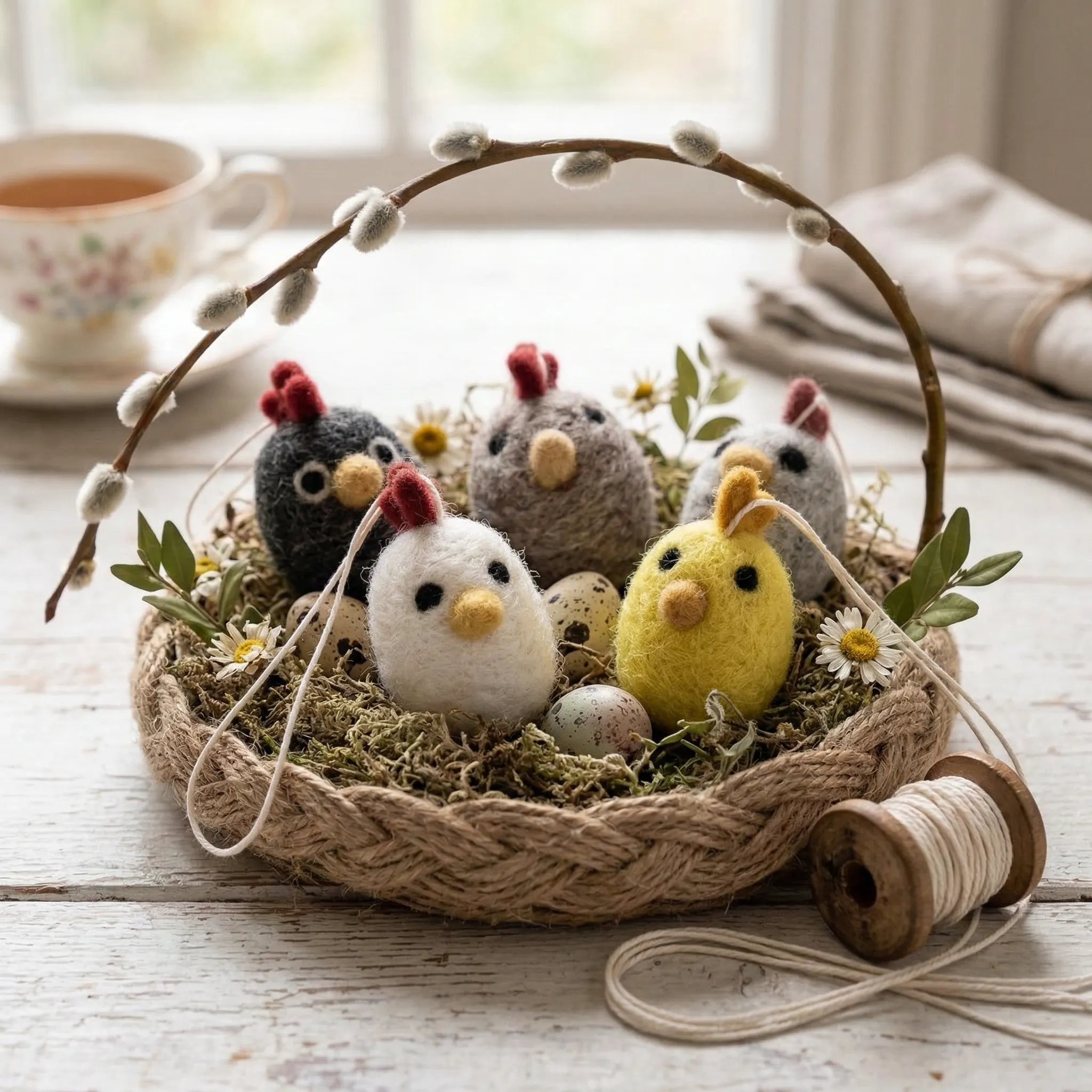 image kurczaki, wielkanoc, felt, kosz, jajka