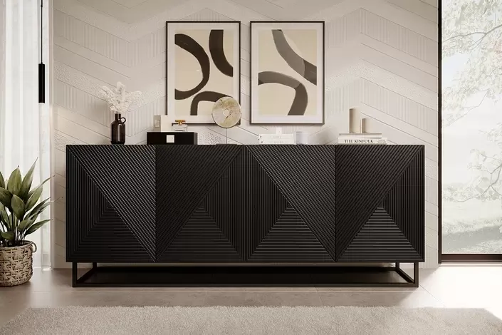 Komoda 4-drzwiowa ASHA 200 4D - czarny mat - czarny stelaż - ryflowany front - B_52096