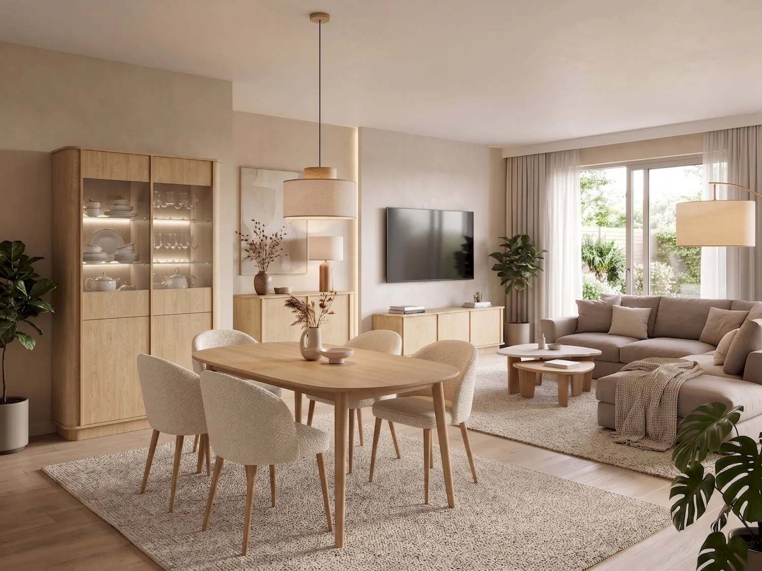 salon, jadalnia, meble drewniane, sofa skandynawska, witryny szklane