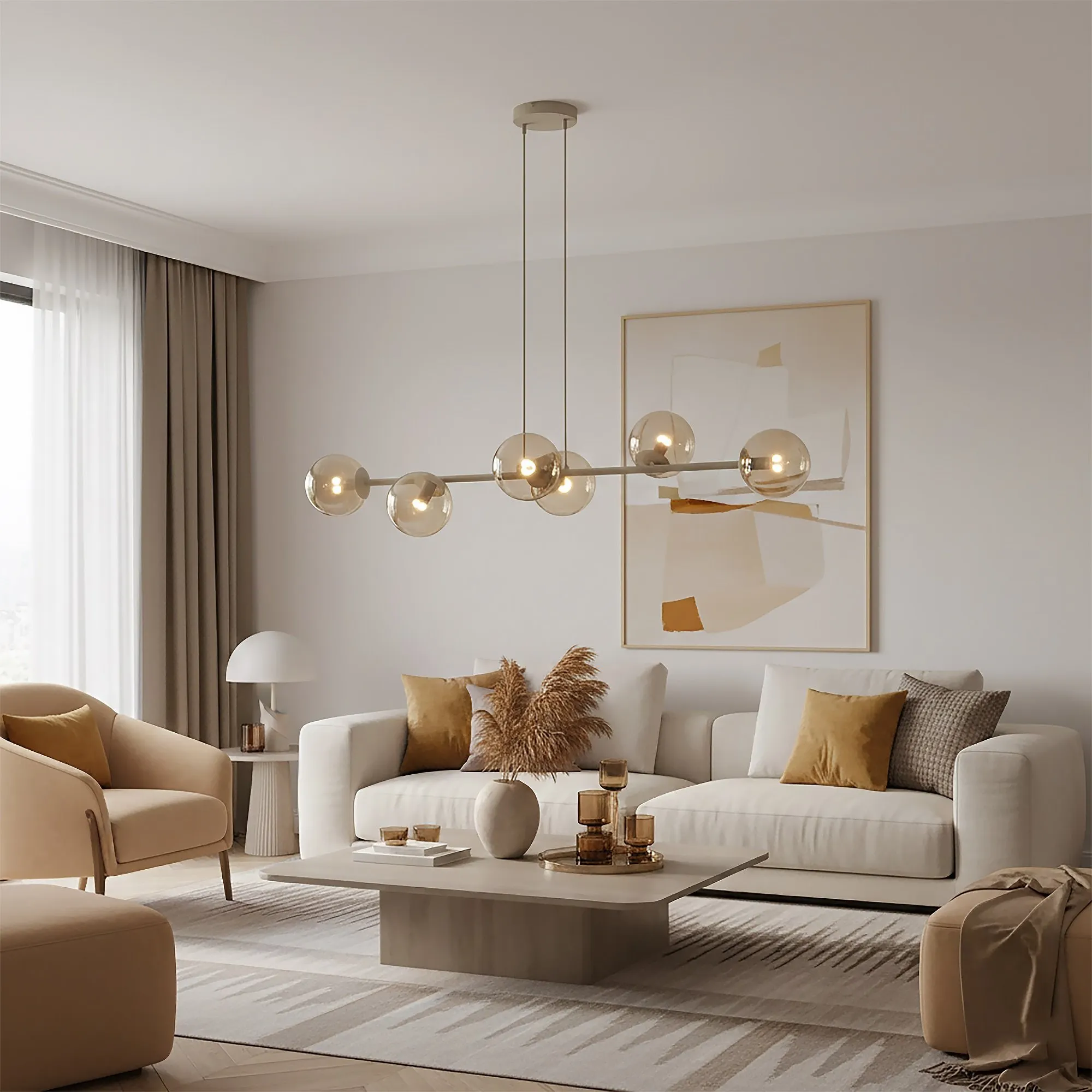 lampa wisząca, kule szkło, sofa wyściełany, wnętrze salonowe, poduszki beżowe