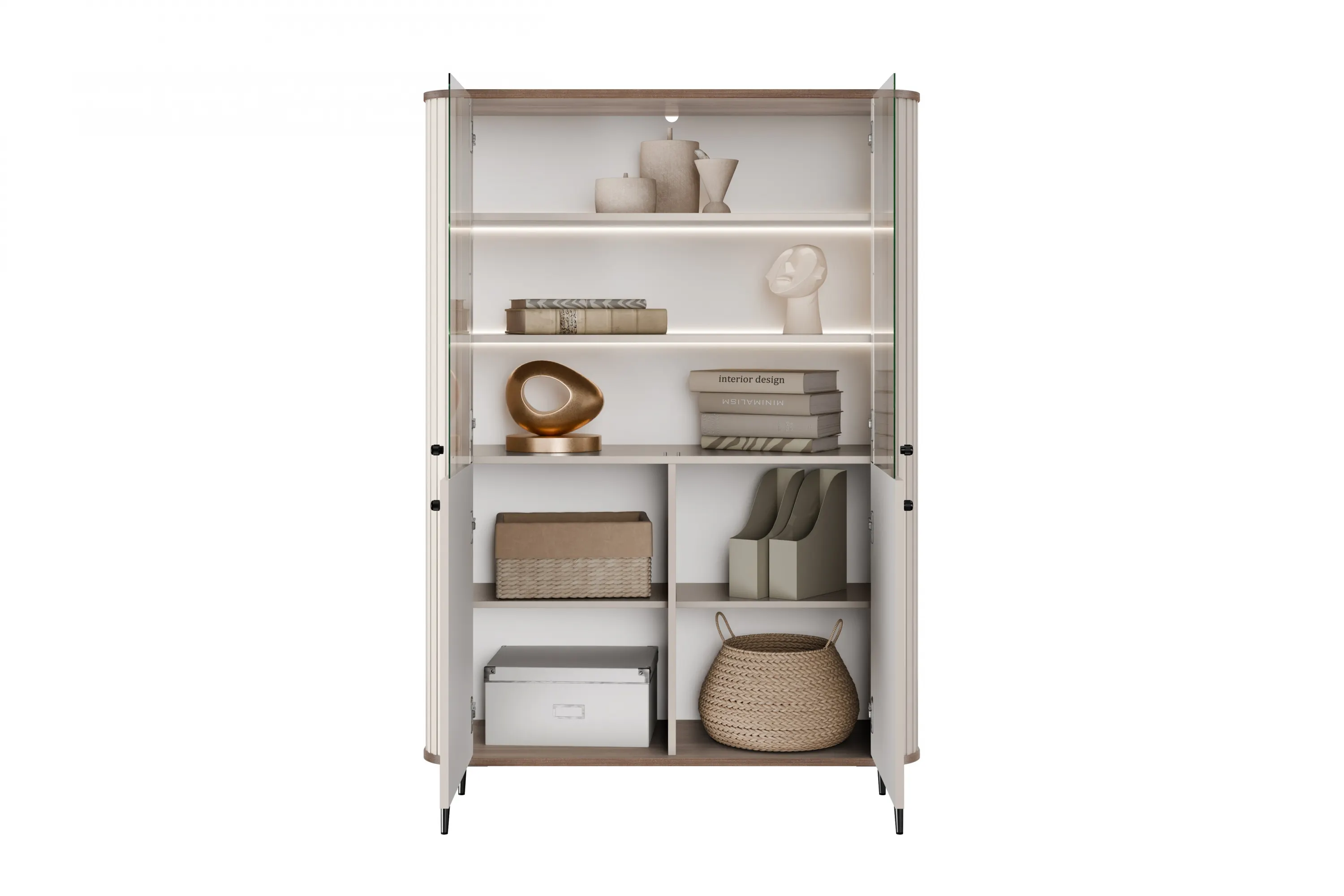 Witryna 4-drzwiowa z oświetleniem VESPER 103 ryflowany front cashmere orzech czarne nogi - B_167224