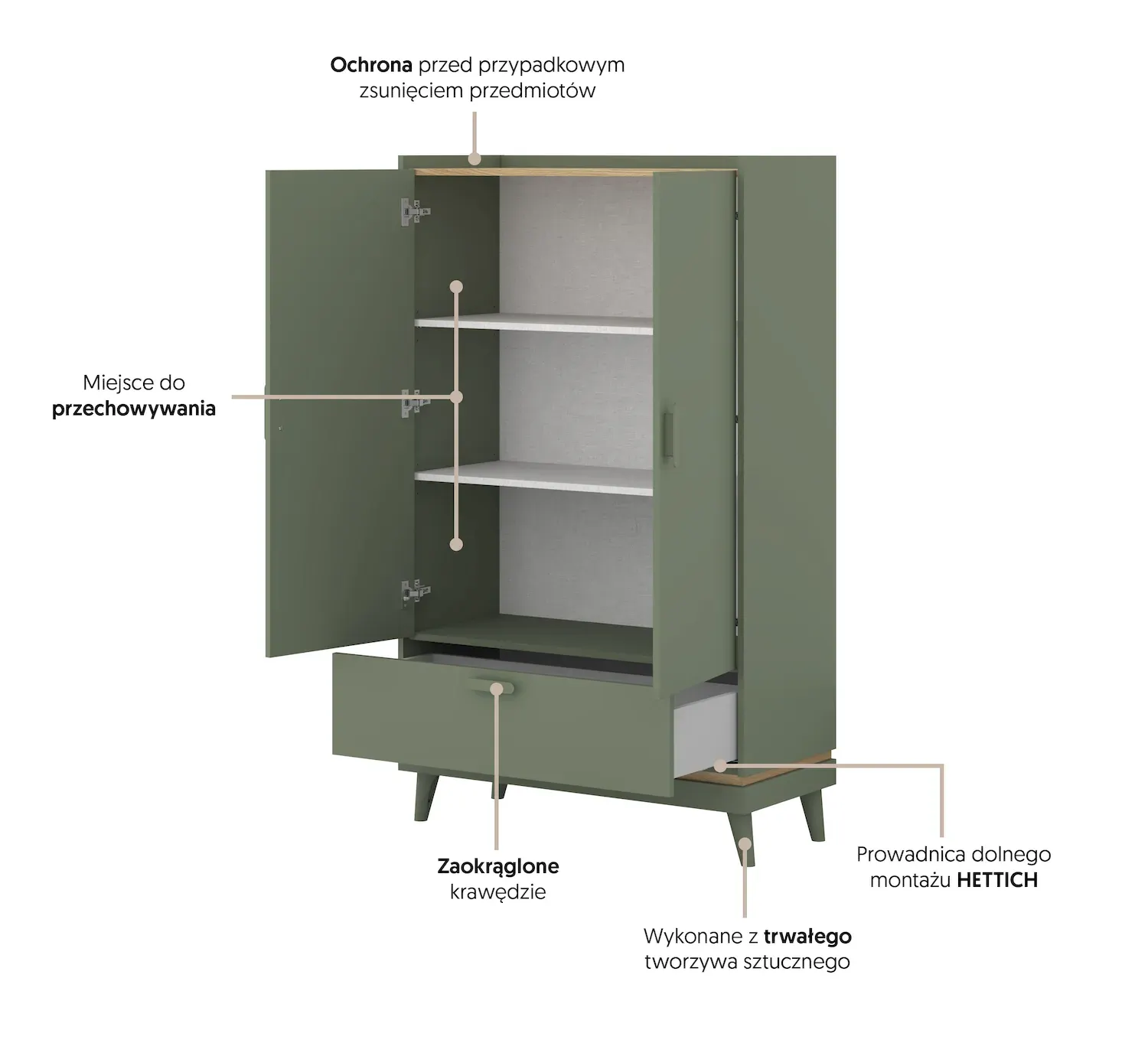 Bieliźniarka 2-drzwiowa z szufladą SCANDI 38 zielony-dąb olejowany - 24GDOH38