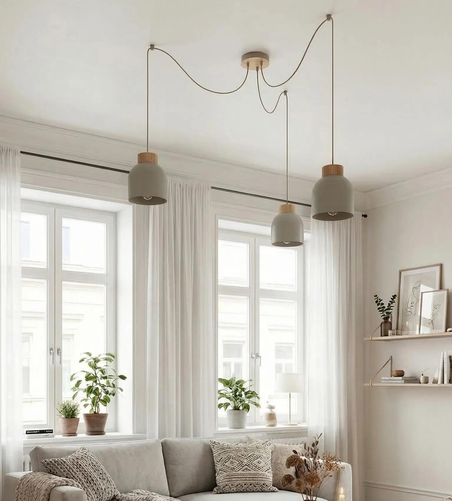 image lampy wiszące, kinkiety, szary kolor, pufa, wnętrze skandynawskie