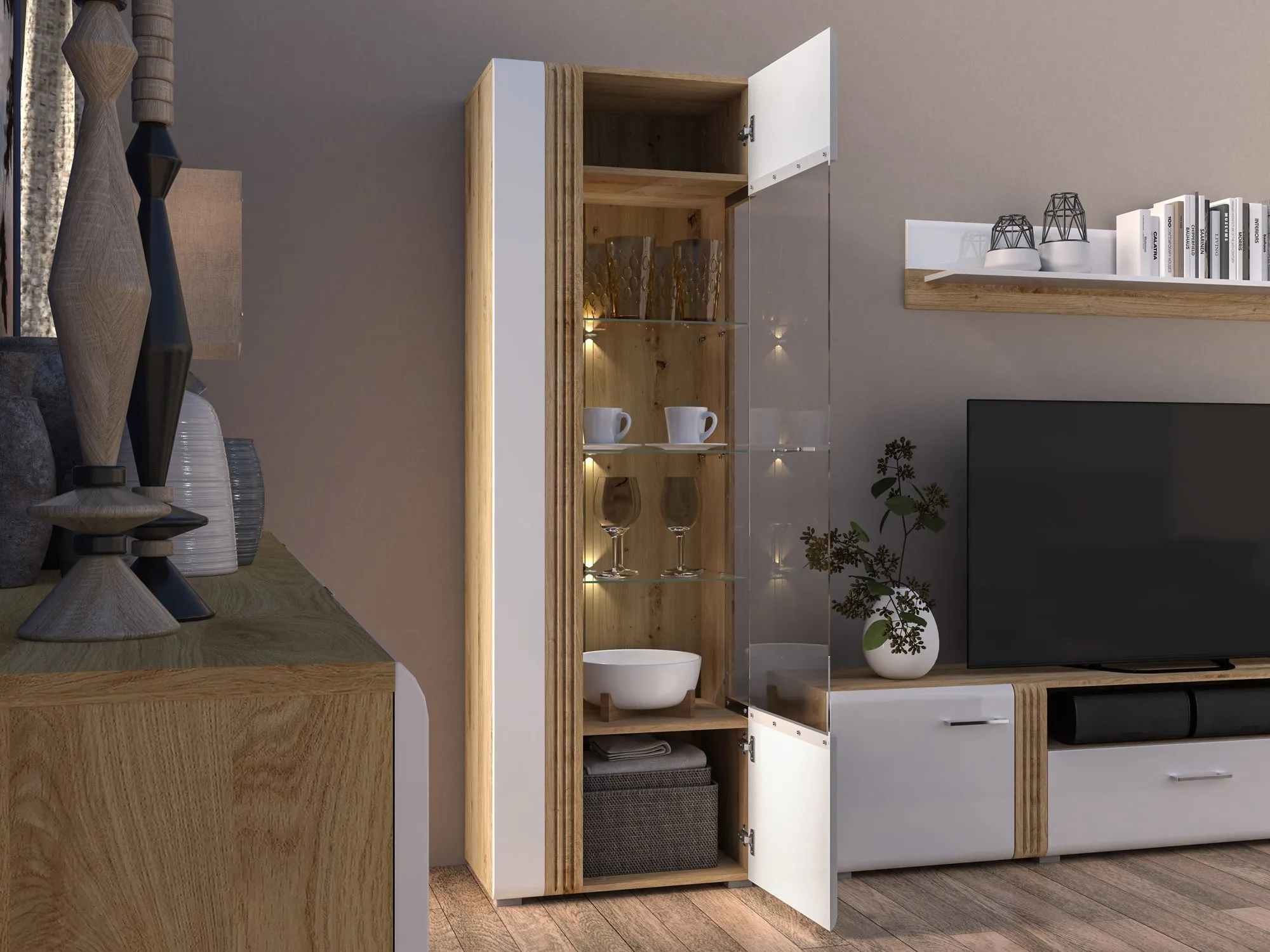 Witryna 1-drzwiowa ADAGIO 02 Prawa dąb castello, biały połysk - 1ADAG02P-001