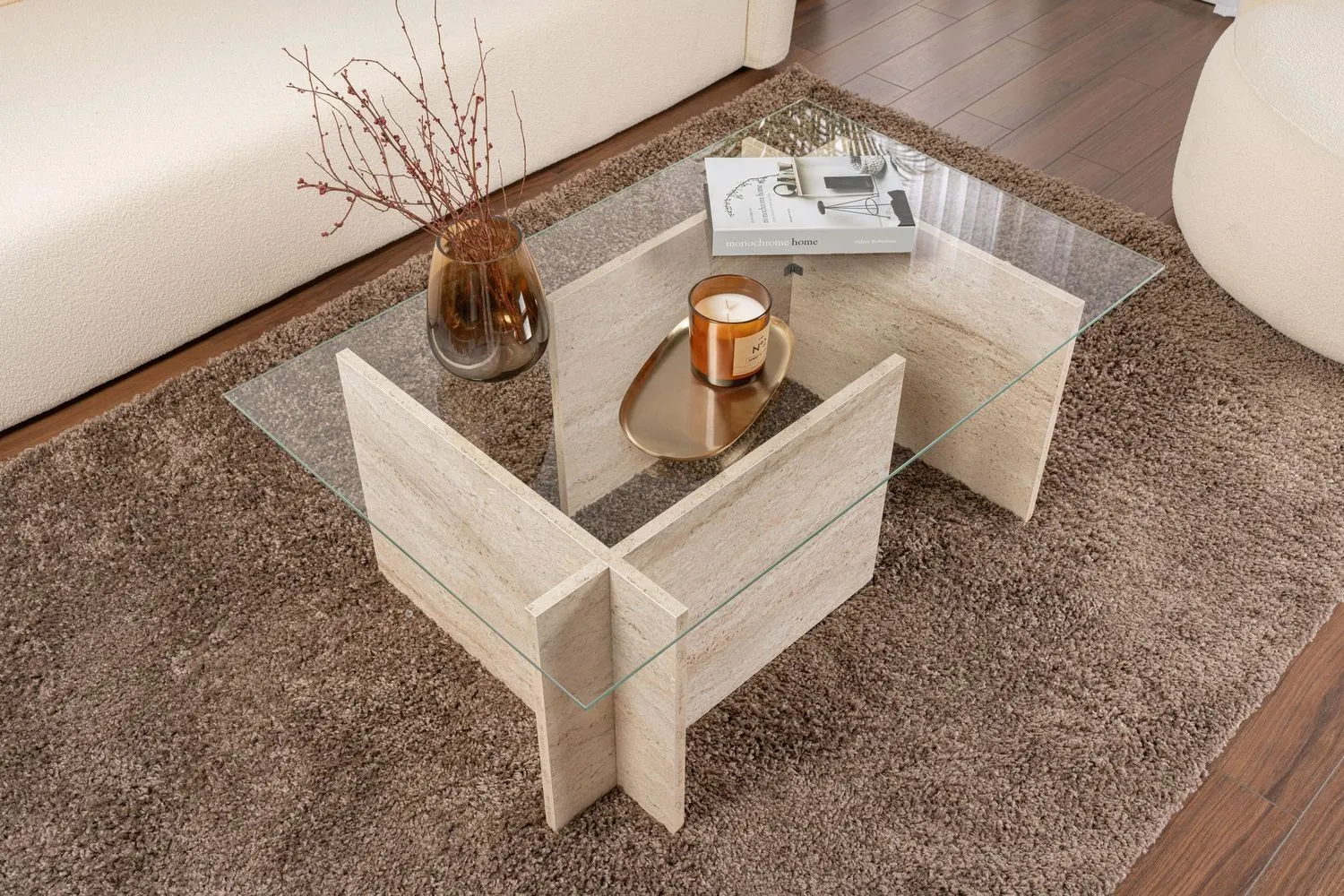 Stolik kawowy VETRINO 65x105 cm szkło hartowane trawertynowy beżowy - ASI_353NRD1102