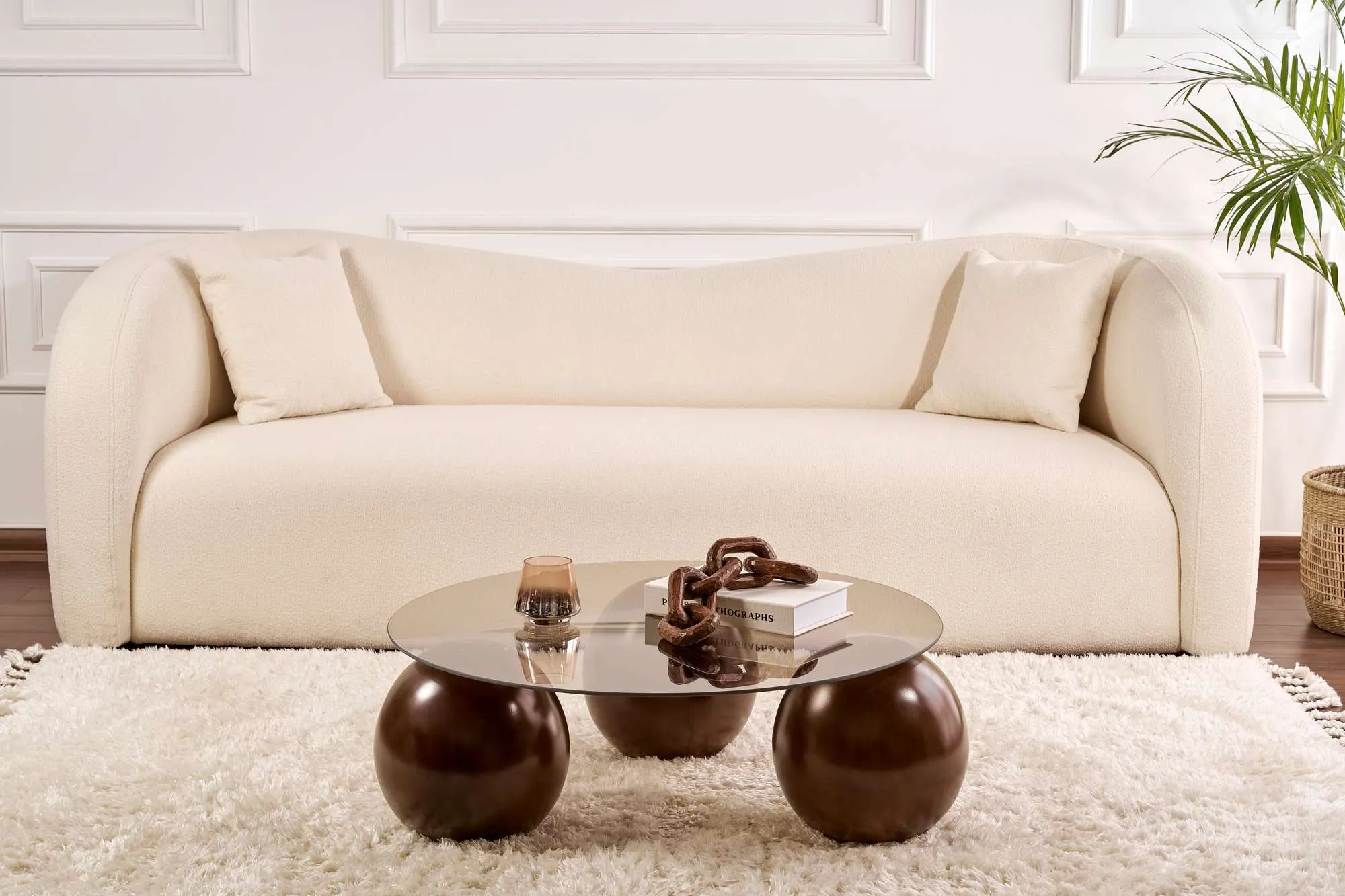 Stolik kawowy szklany okrągły MIRO 85 cm kuliste orzechowe nogi blat brązowy - ASI_857NRD1130