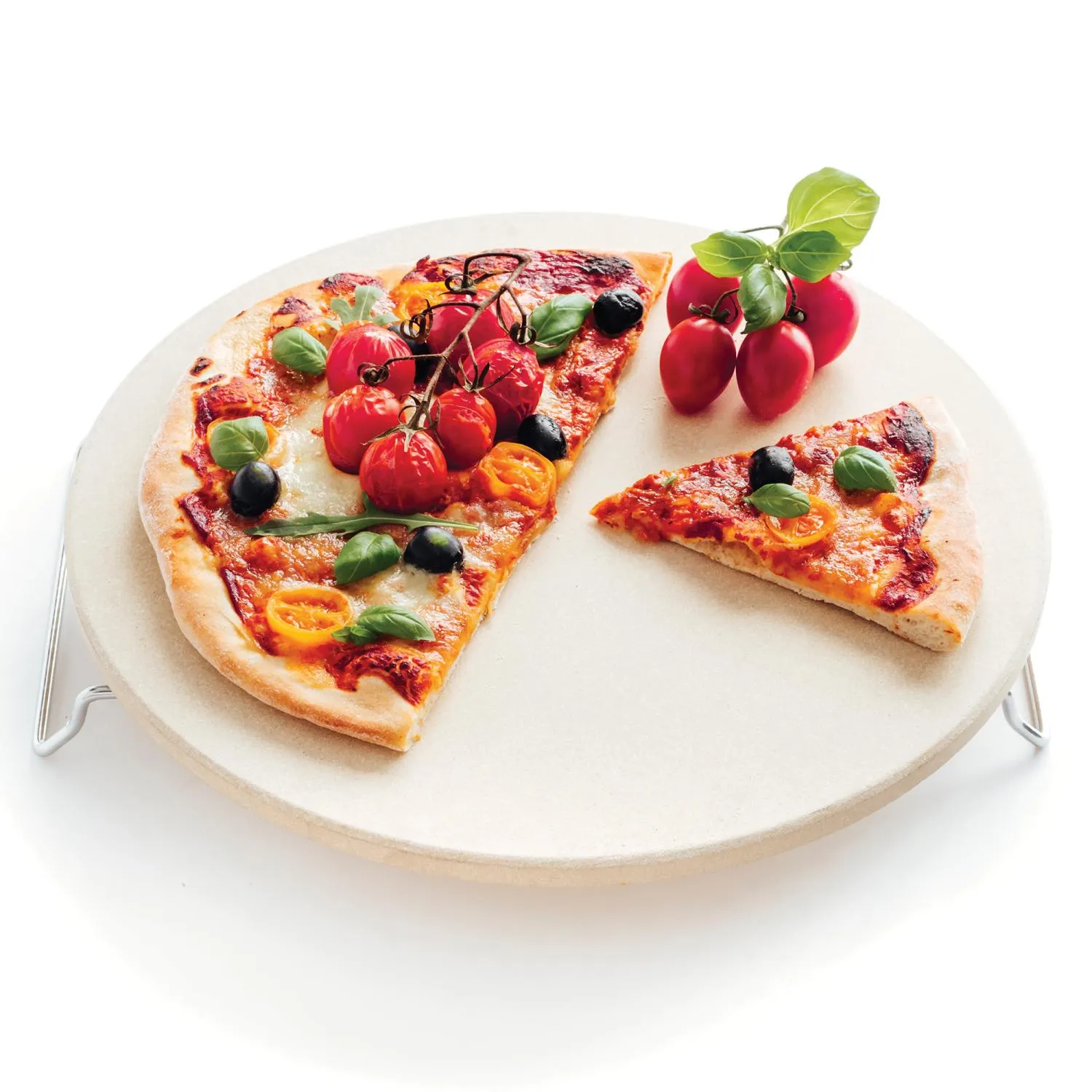 image pizza, pizza na cienkim cieście, pomidorowa, oliwki, bazylia
