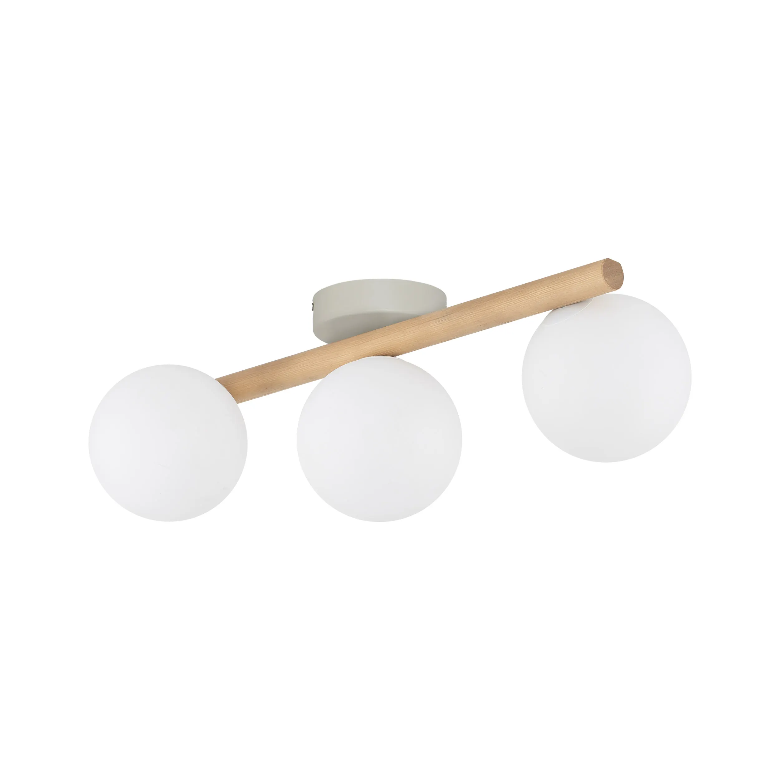 Lampa sufitowa ESTERA biała z sosnową jasną drewnianą listwą i białymi okrągłymi szklanymi kloszami 47x23x17cm