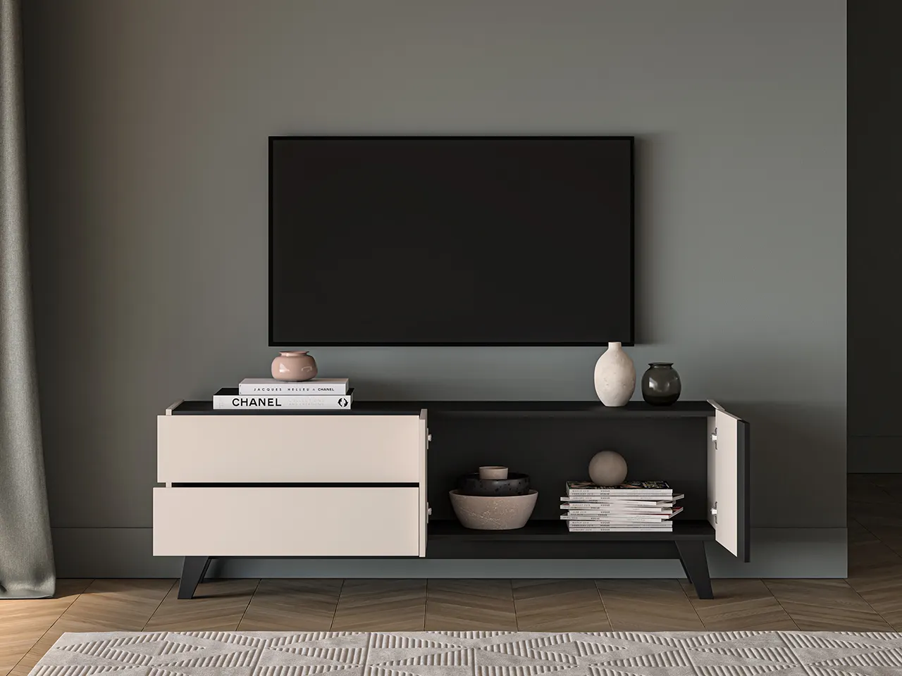 Szafka RTV z szufladami i półkami FRESHION 160 cm beżowo-czarna - 1FRES05-001