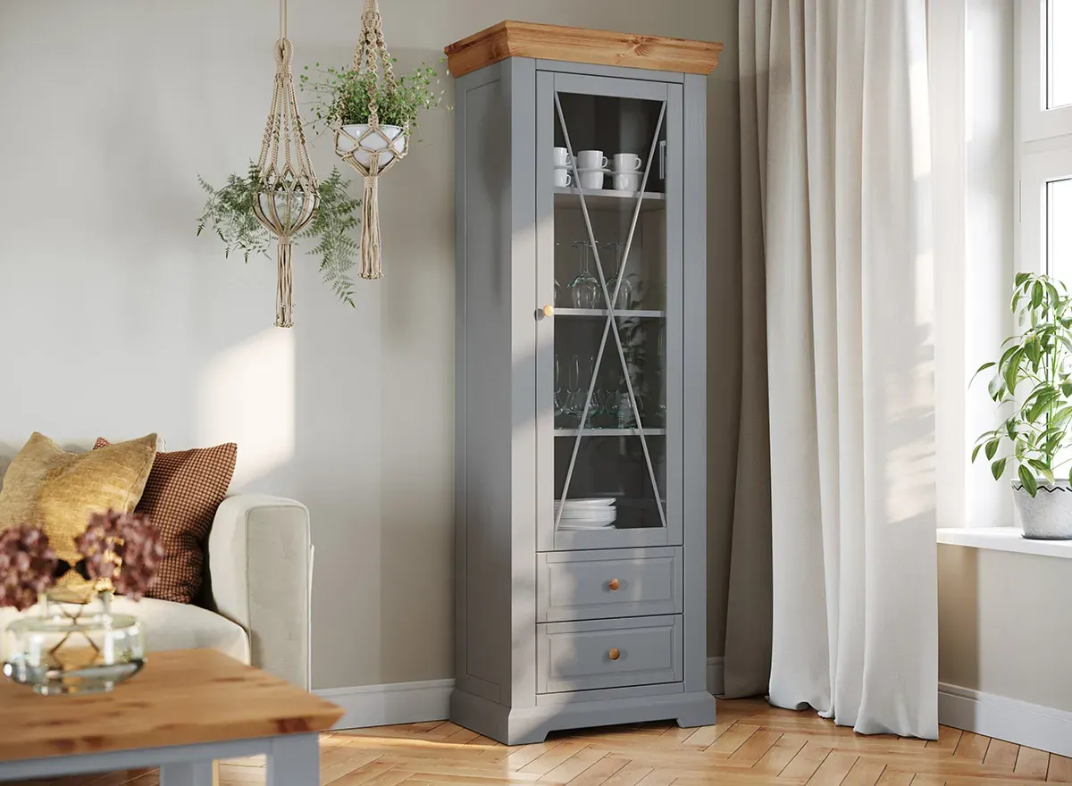 Witryna drewniana 1-drzwiowa z 2 szufladami MARONE ELITE popielaty - PLMEL01/S