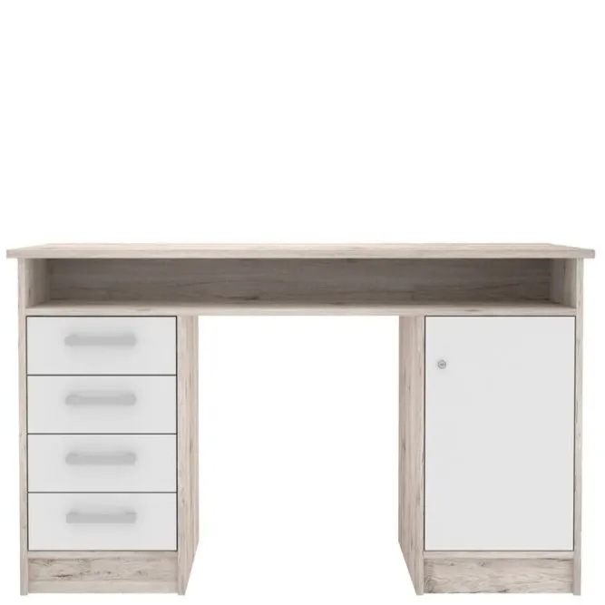 Biurko NET106 z szafką, 4 szufladami i półką - efekt drewna, biały - MT931-T19