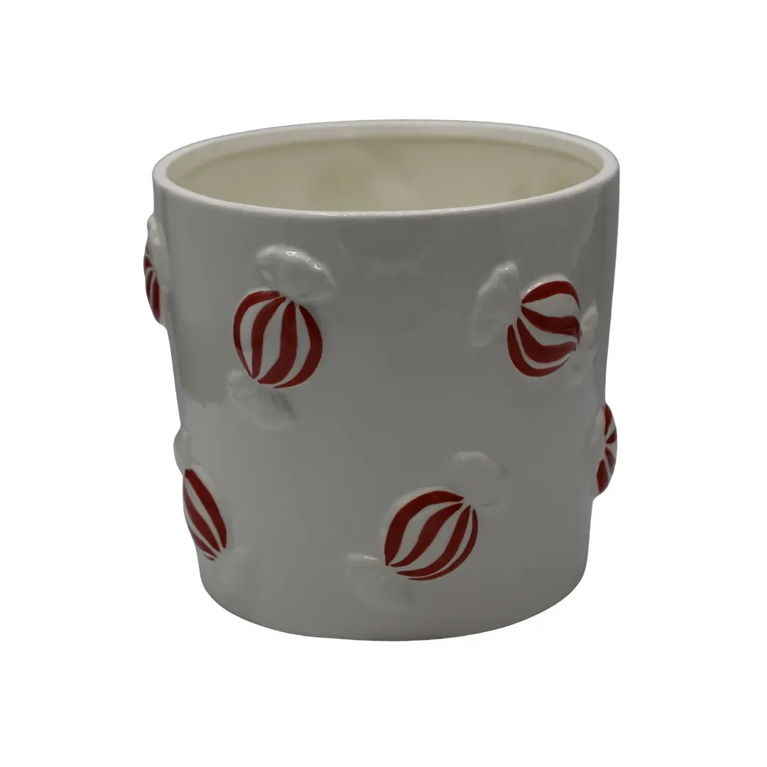 DONICZKA ceramiczna BIAŁA W CZERWONO-BIAŁE CUKIERKI DUŻA DONICZKA ceramiczna BIAŁA W CZERWONO-BIAŁE CUKIERKI DUŻA