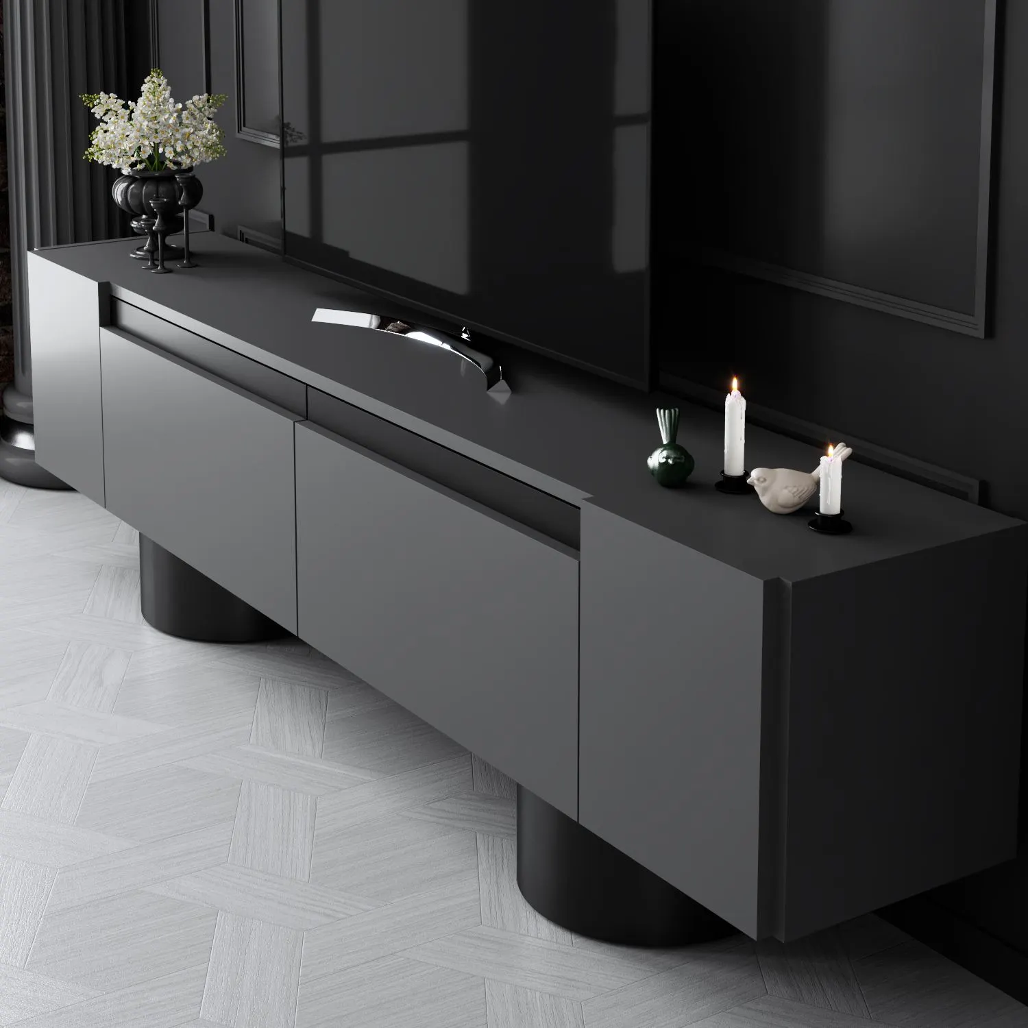 Szafka RTV z 2 klapami na blaszanych nogach BOHEM 180x50x30 cm antracyt czarny - ASI_618BLY1266