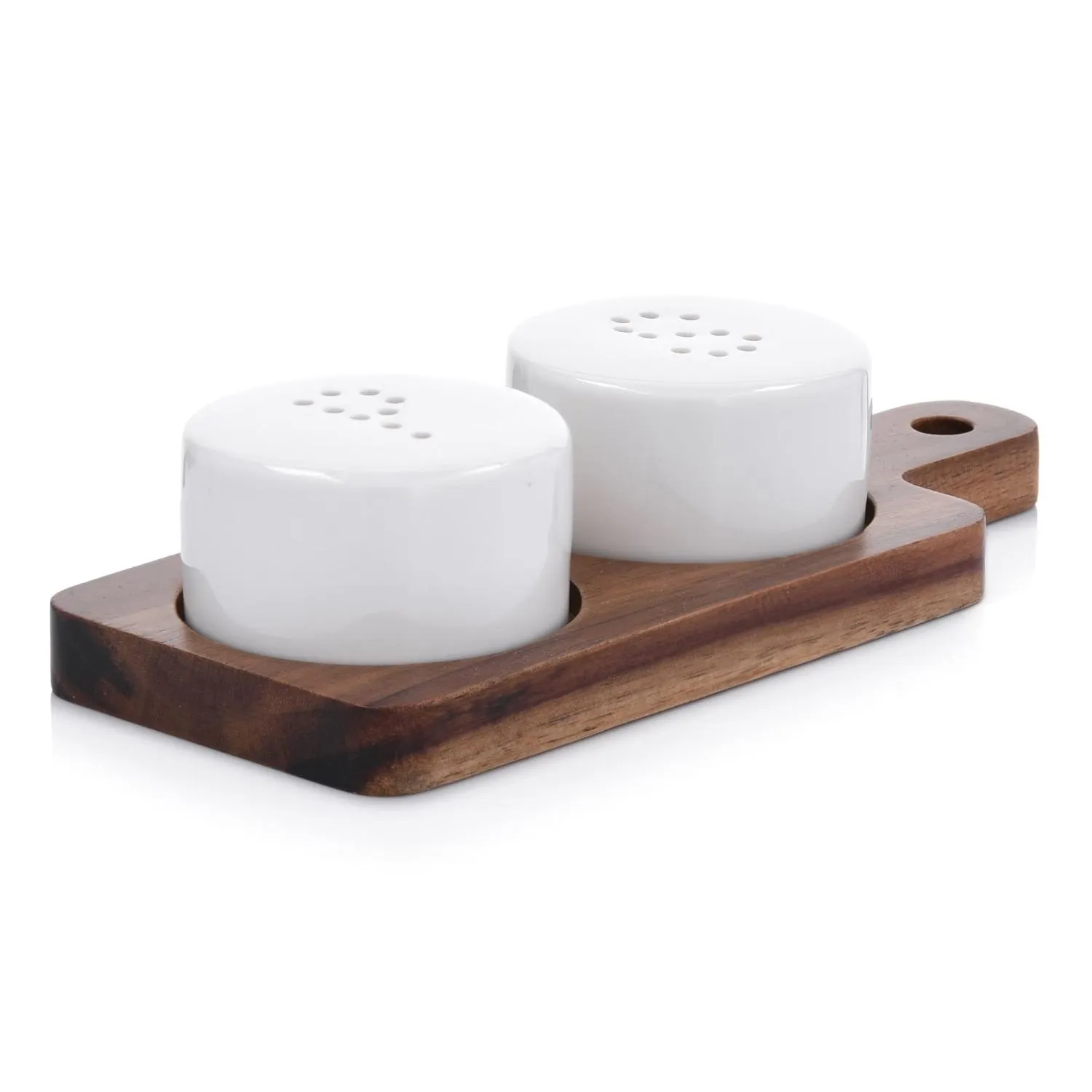 solniczka, cukiernica, sól i pieprz, drewniana podstawa, ceramiczne ramekins