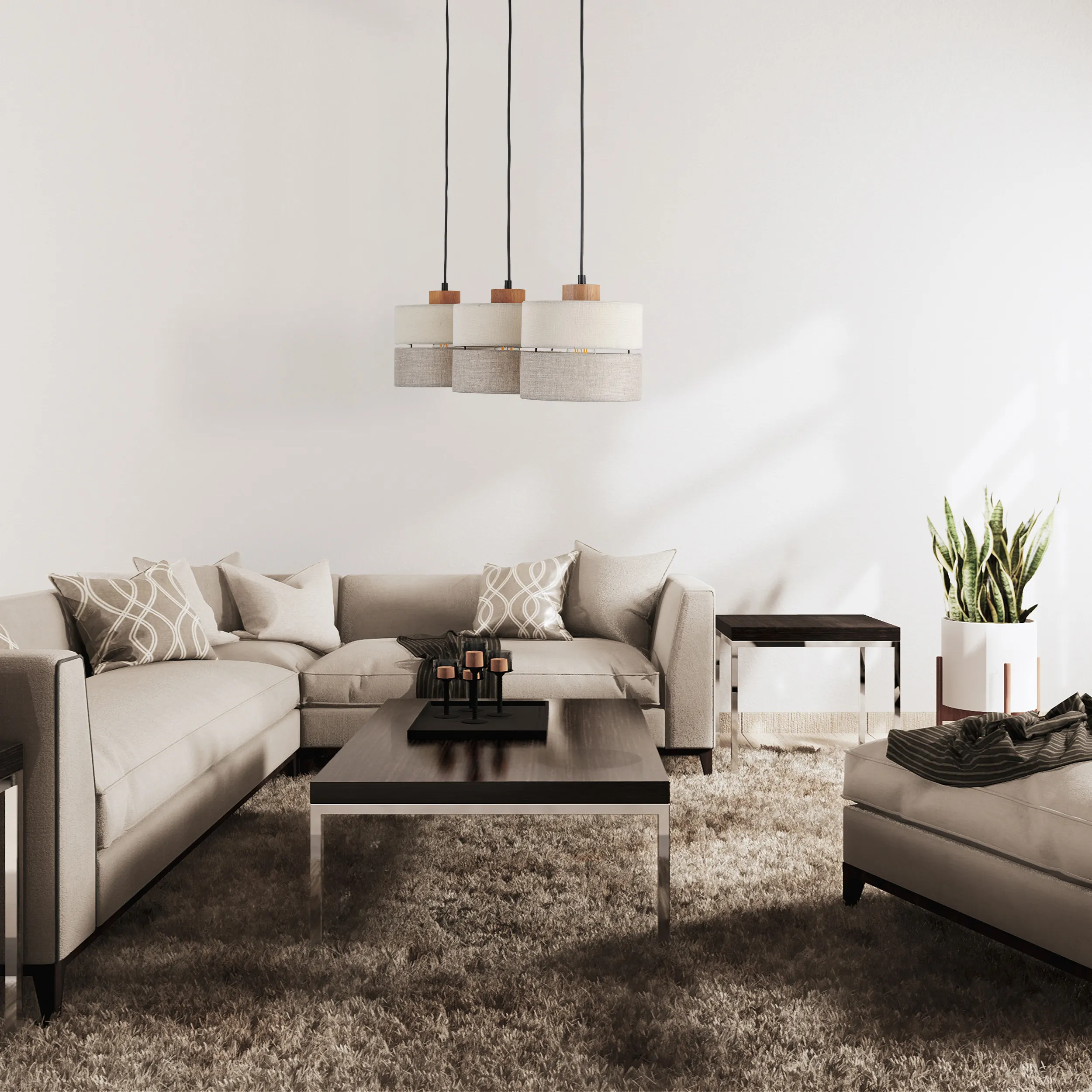 Lampa wisząca ECO czarna na drewnianej listwie beżowe klosze w dwóch odcieniach 80x77x20cm - TK_5771