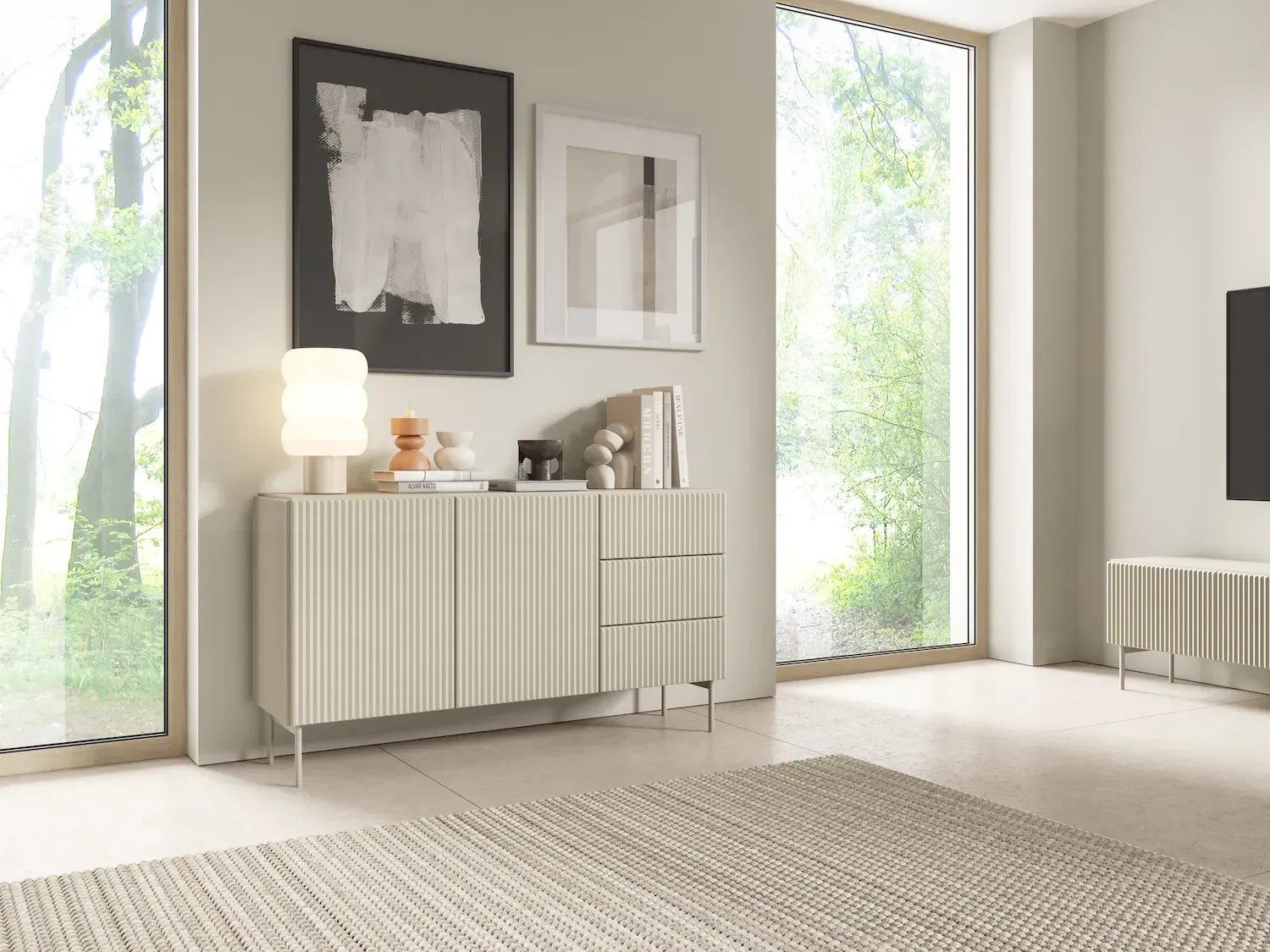 Komoda 2-drzwiowa z 3 szufladami MUTI 147 cm ryflowany front kaszmir - LA_MUTI_KOMODA_147_2D3S