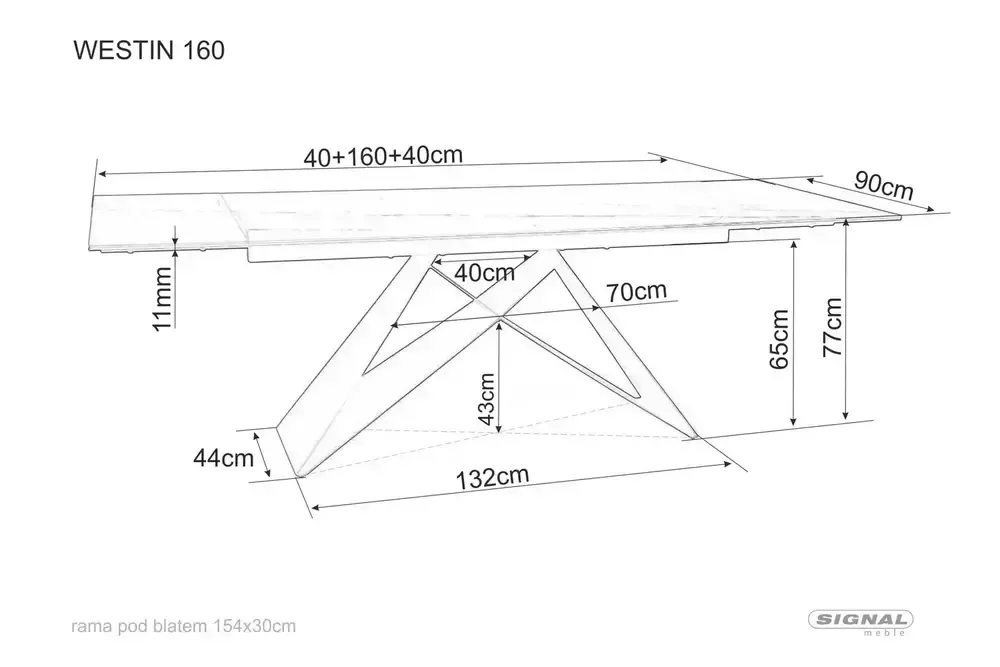 westin_160_wymiary Stół rozkładany WESTIN CERAMIC 90x160(240) Sahara Noir czarny - WESTINCCC160