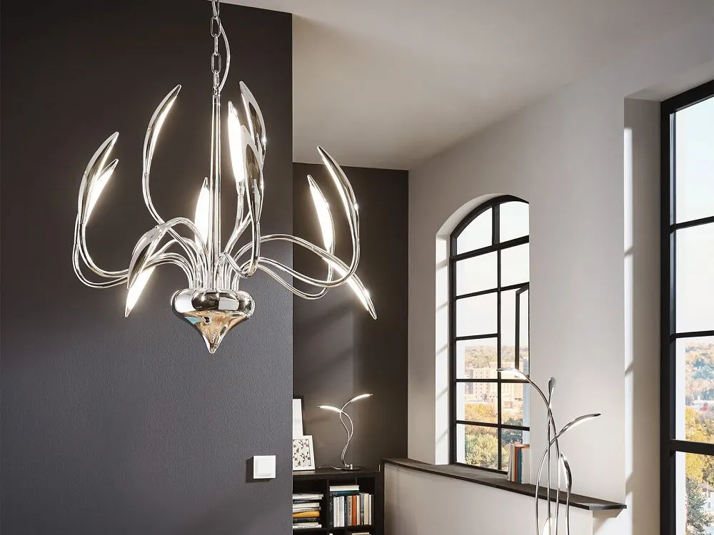 lampa wisząca, chromowana lampa, designowa lampa, kryształowa lampa, metalowa lampa wisząca