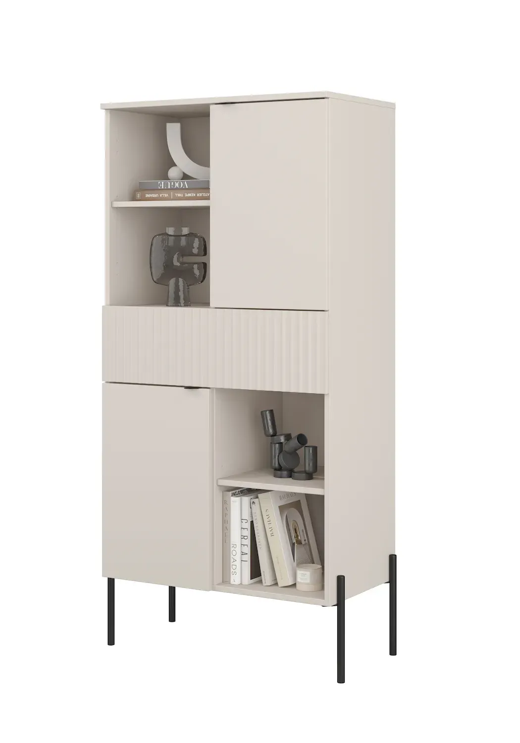 Komoda wysoka 2-drzwiowa z szufladą ORE kaszmir ryflowany front czarne nóżki - 24KROG42