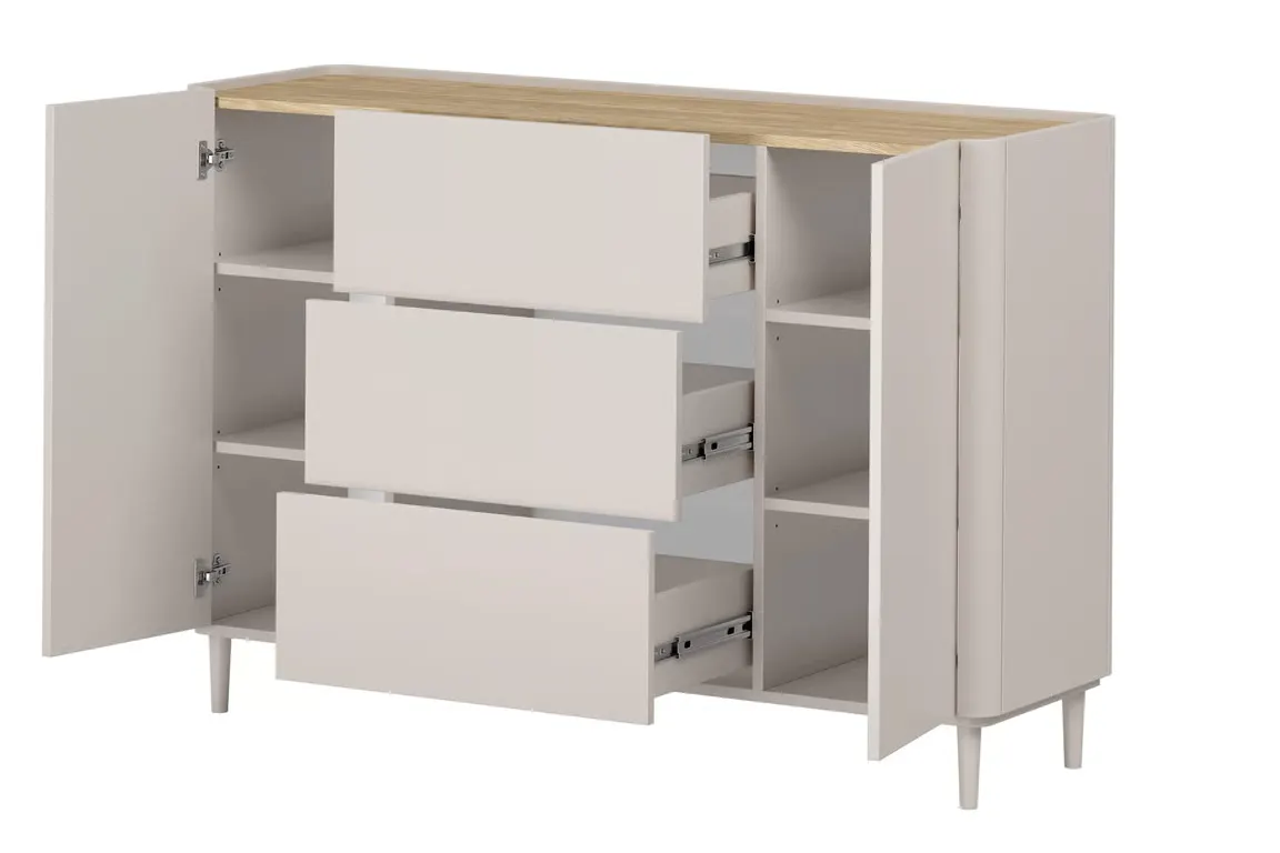 Komoda 2-drzwiowa z 3 szufladami ELIVO 150cm drewniane nóżki cashmere dąb olejowany — zdjęcie 4