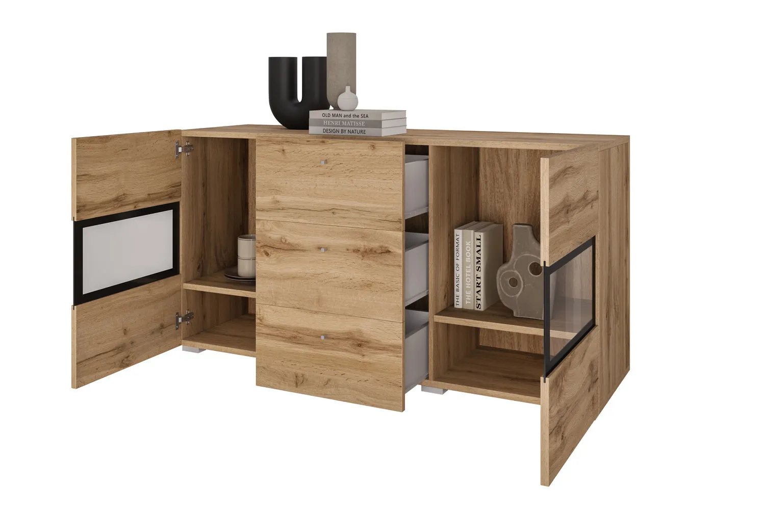 Komoda 2-drzwiowa z szufladami BAROS szklana dąb wotan - 24N0BM26