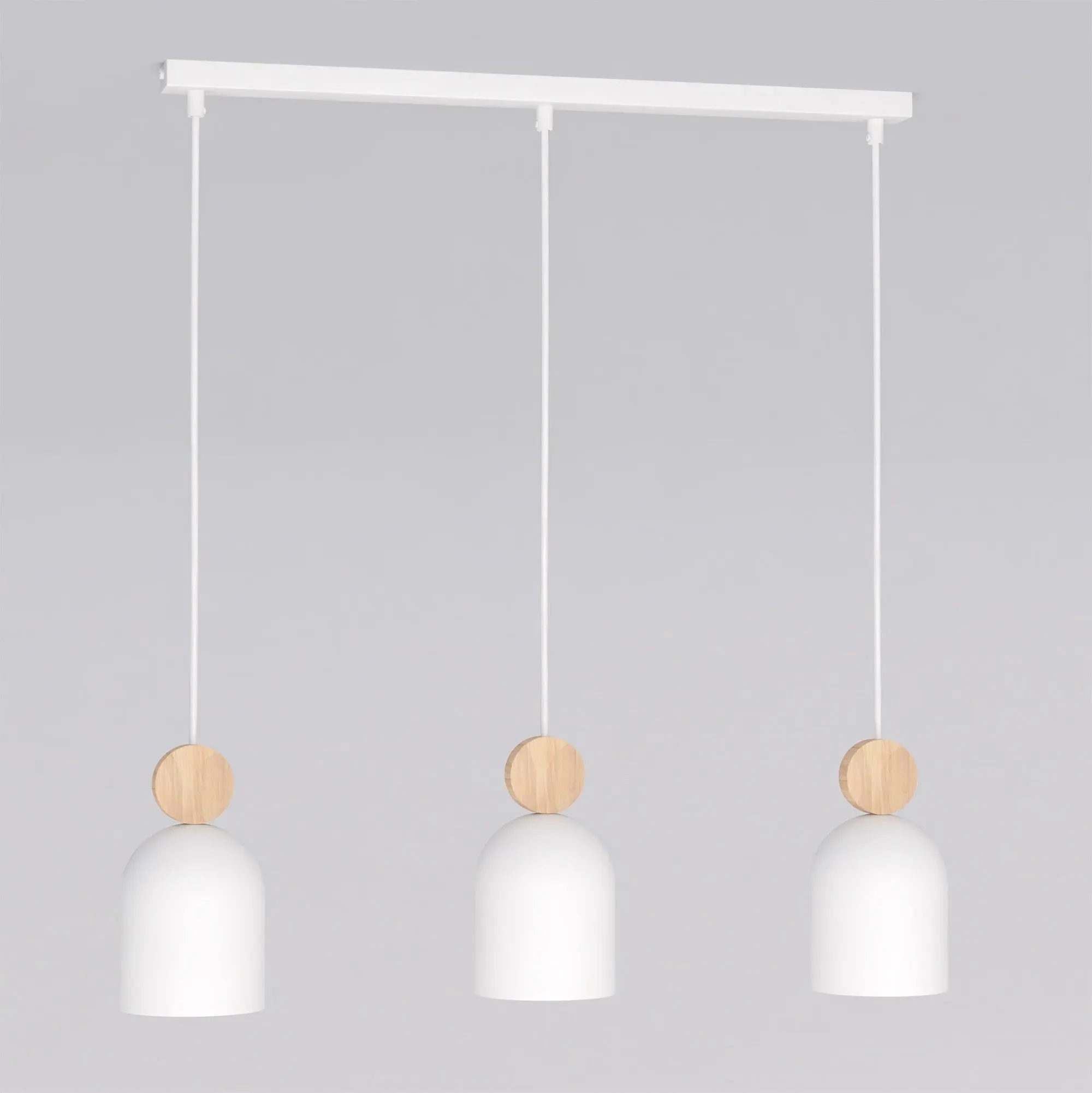 image lampa wisząca, trzy lampy, korpus biała, drewniane akcenty, trzy punkty mocowania