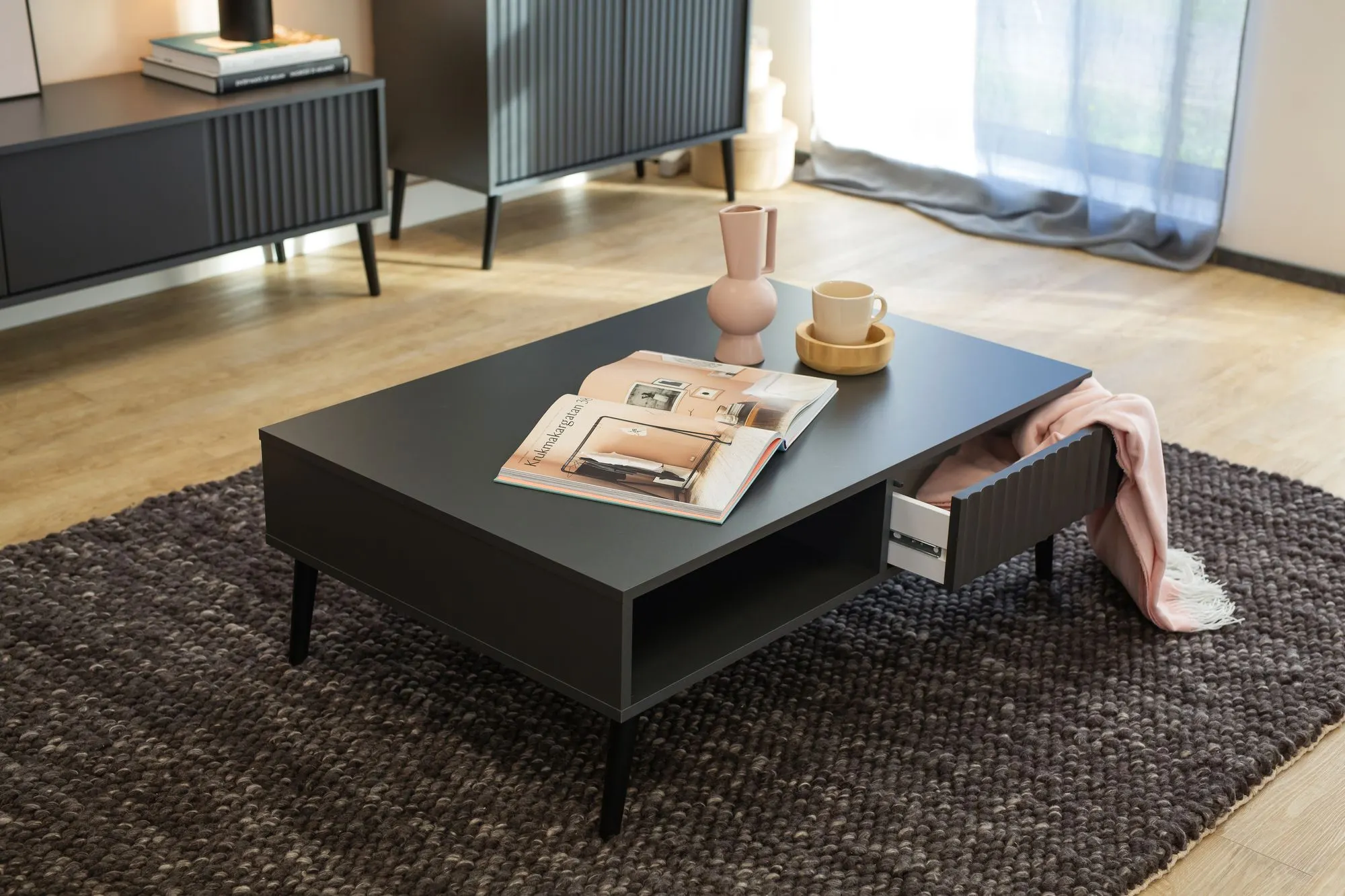 Stolik kawowy z 2 szufladami i półką BARCELONA 67x102 antracyt - INT_5003181