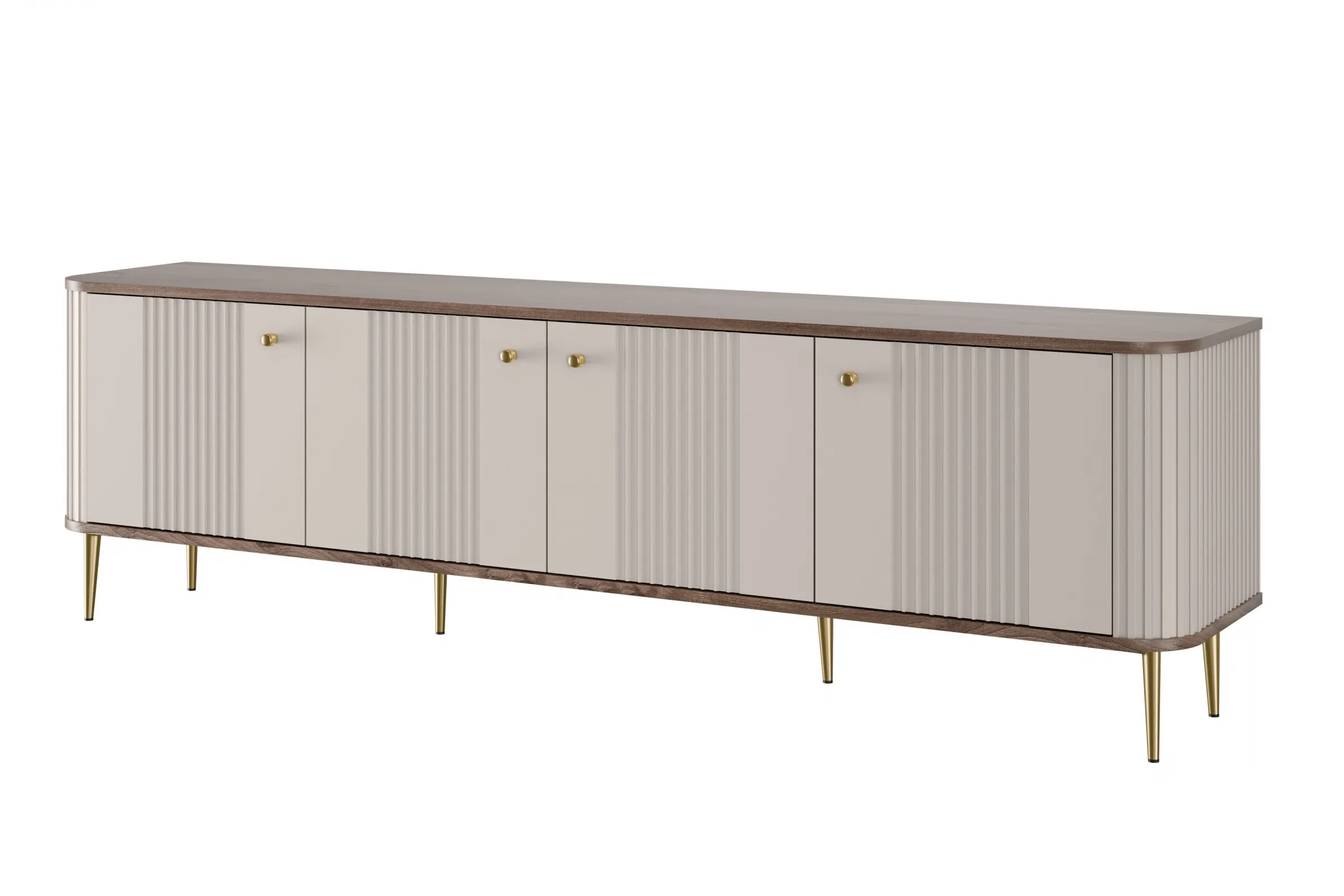 Szafka RTV 4-drzwiowa VESPER RTV 187 ryflowany front cashmere orzech złote nogi Meble, Kredens, Szafka