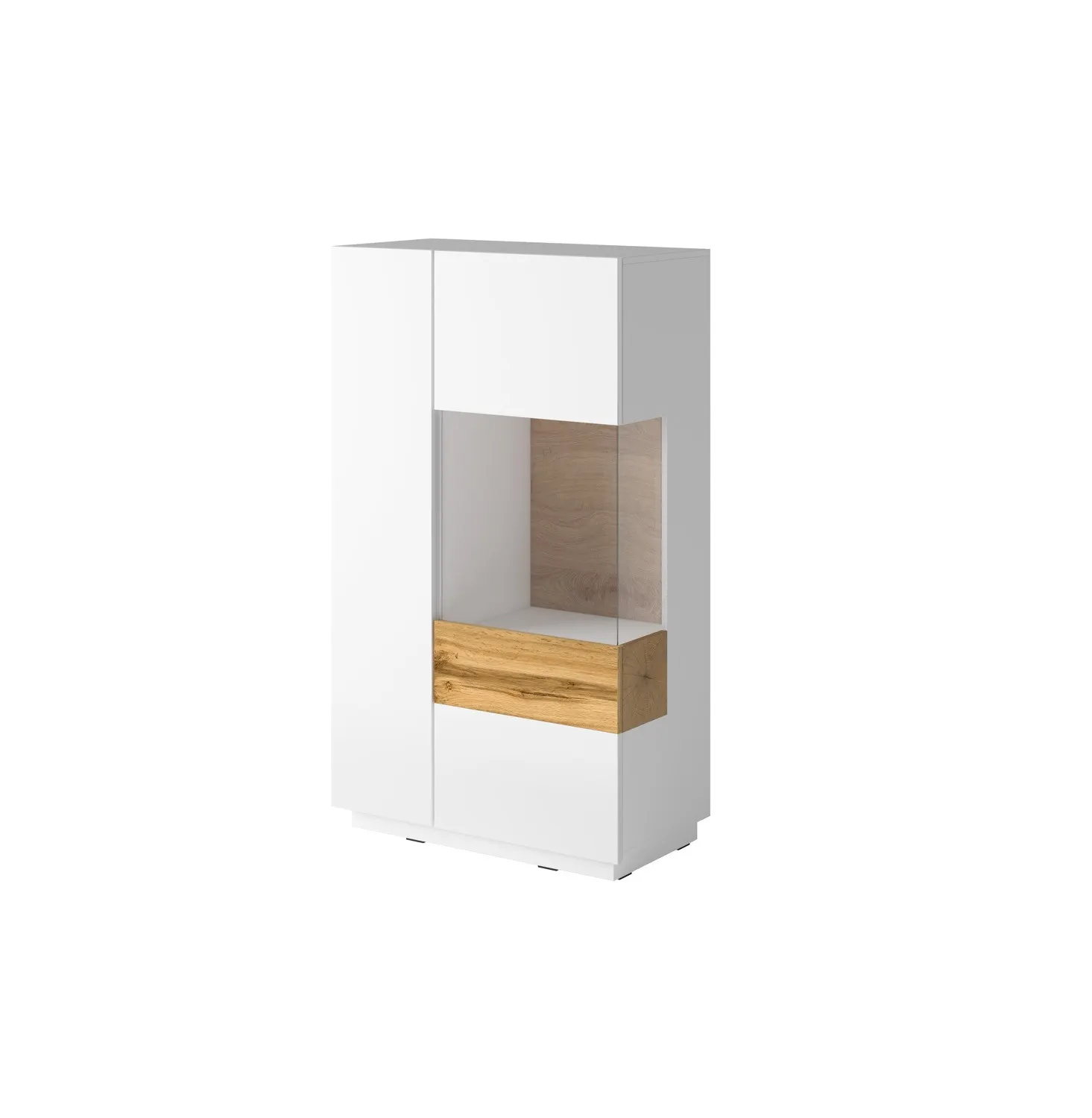 Komoda SILKE 44 wysoka dwudrzwiowa przeszklona biała dąb wotan 139x80x40cm