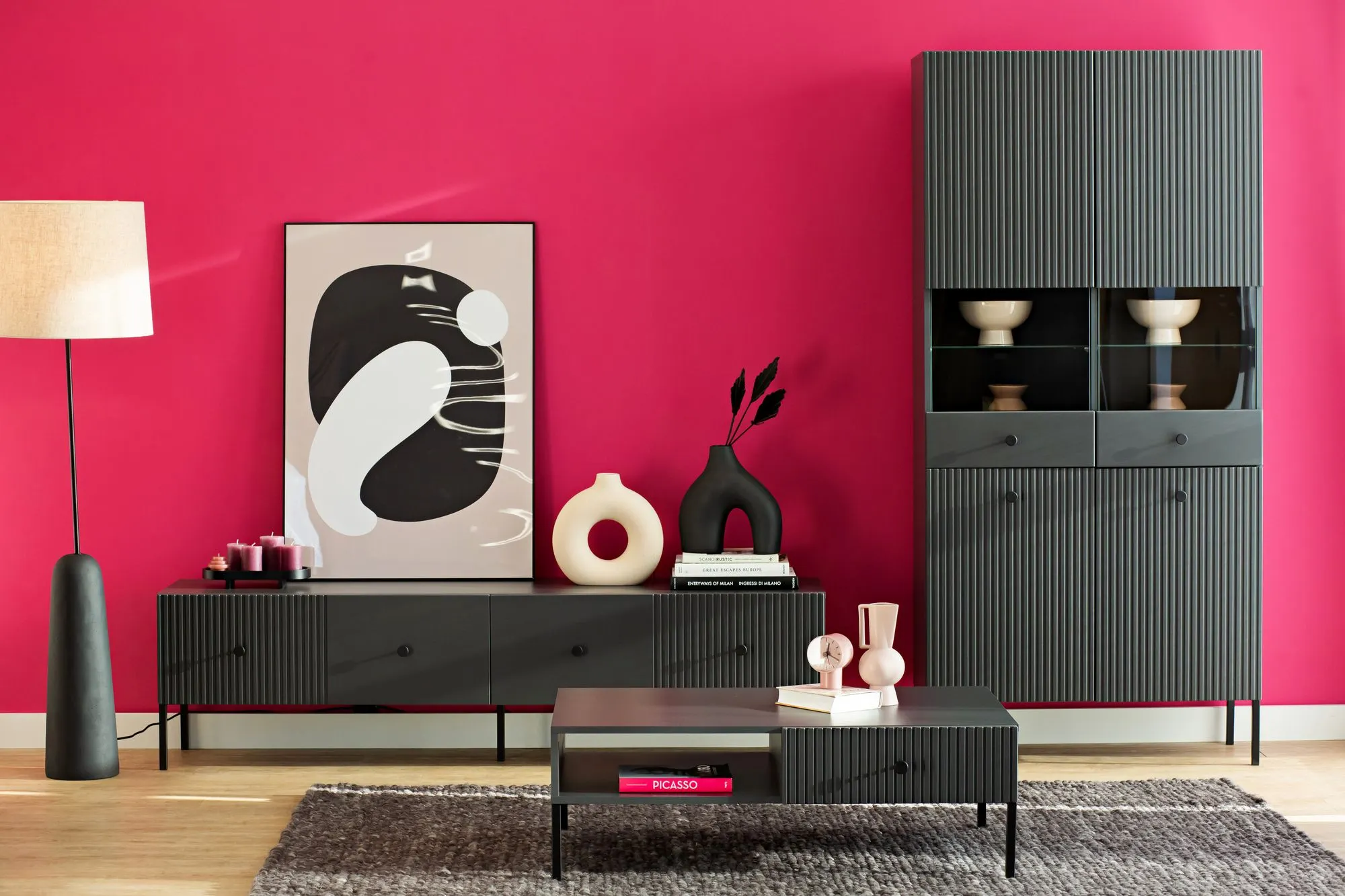 Stolik kawowy z 2 szufladami i półką VIENA ryflowany front szuflad 67x102 antracyt - INT_5003204