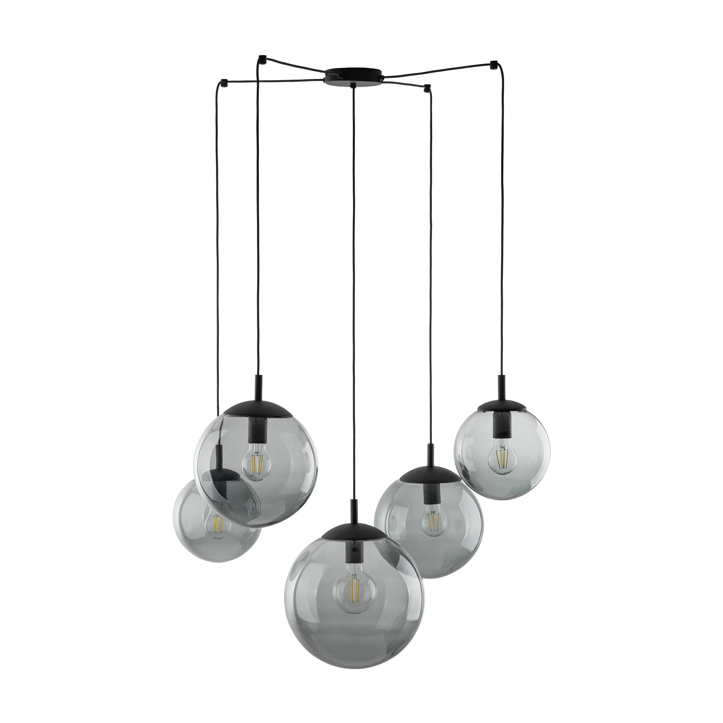 Lampa wisząca ESME czarna z szarymi przyciemnianymi okrągłymi szklanymi kloszami dodatkowo podwieszana jak pająk 180cm - TK_5382