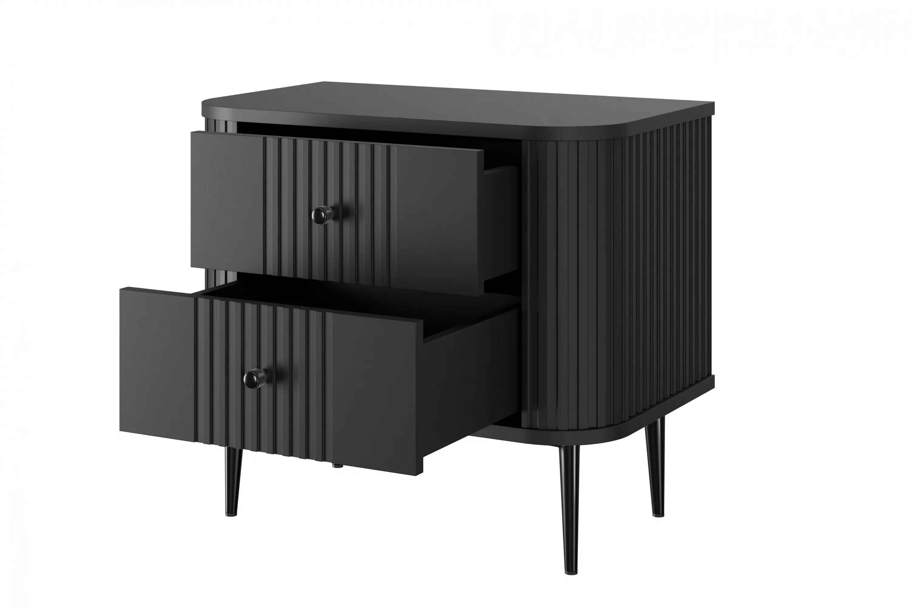 Szafka nocna z 2 szufladami VESPER 56 zestaw 2 sztuk ryflowany front czarny mdf czarne nogi - B_163846