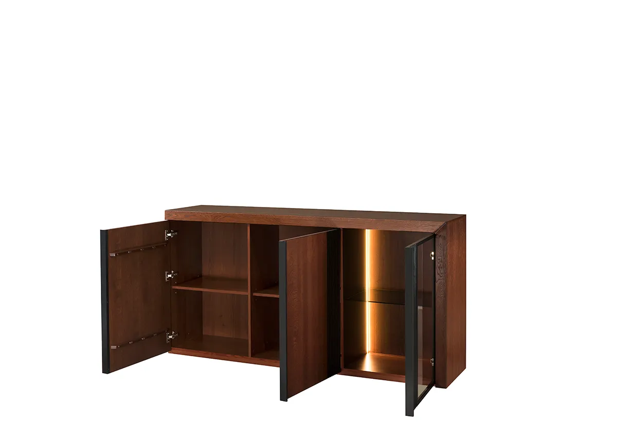 Komoda 3-drzwiowa PARIS 45 z przeszkleniem dąb antyczny czarny 182x90x42cm - TH-100-1783