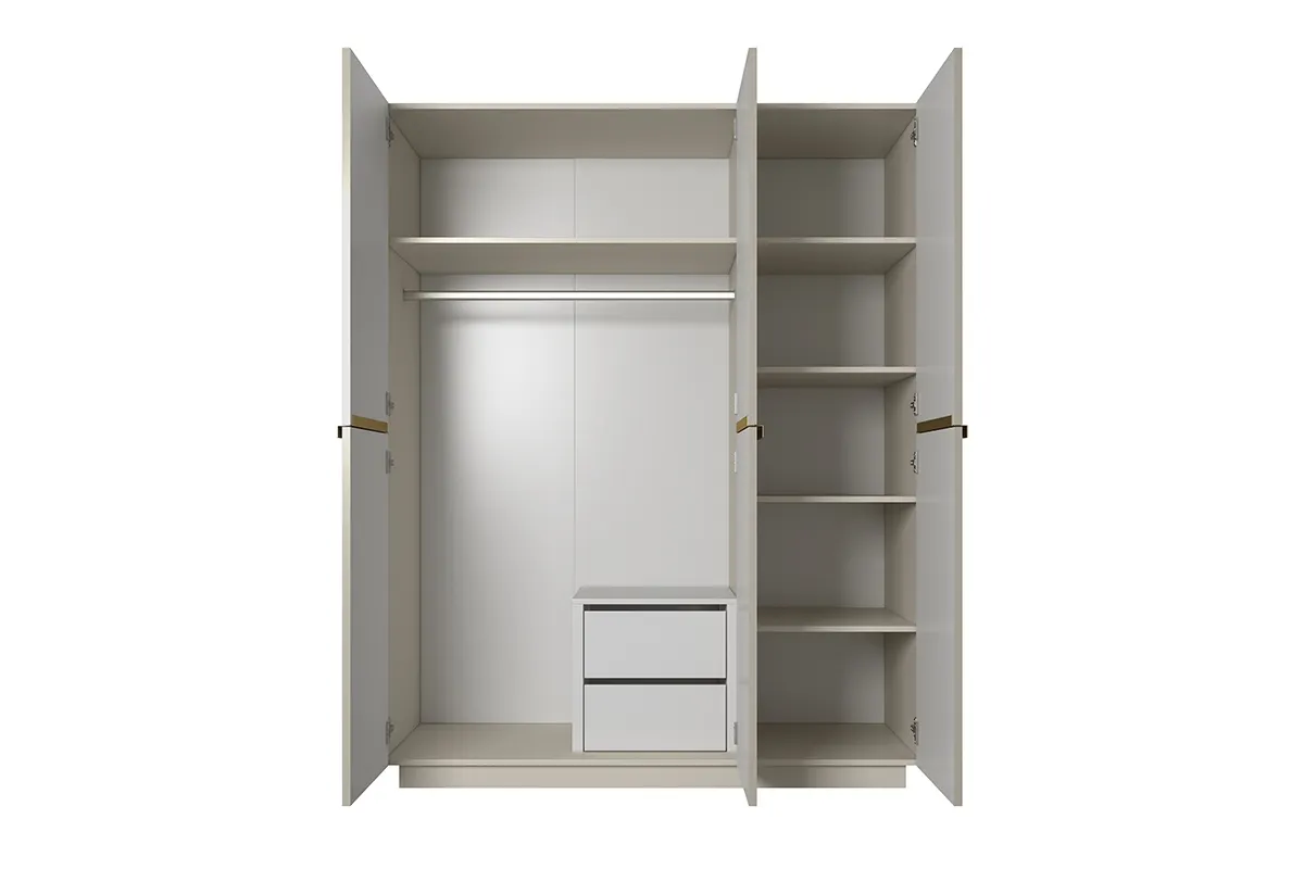 Szafa 3-drzwiowa NICOLE 150 z półkami, drążkiem i 2 szufladami - kremowa - złote uchwyty - cokół - B_148442