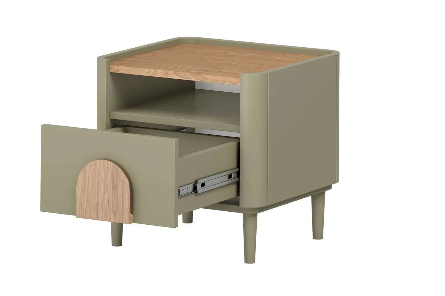 Szafka nocna z 1 szufladą i półką AMILIO 50 - eukaliptus dąb baltic dune uchwyty dąb naturalny nogi eukaliptus - B_169225