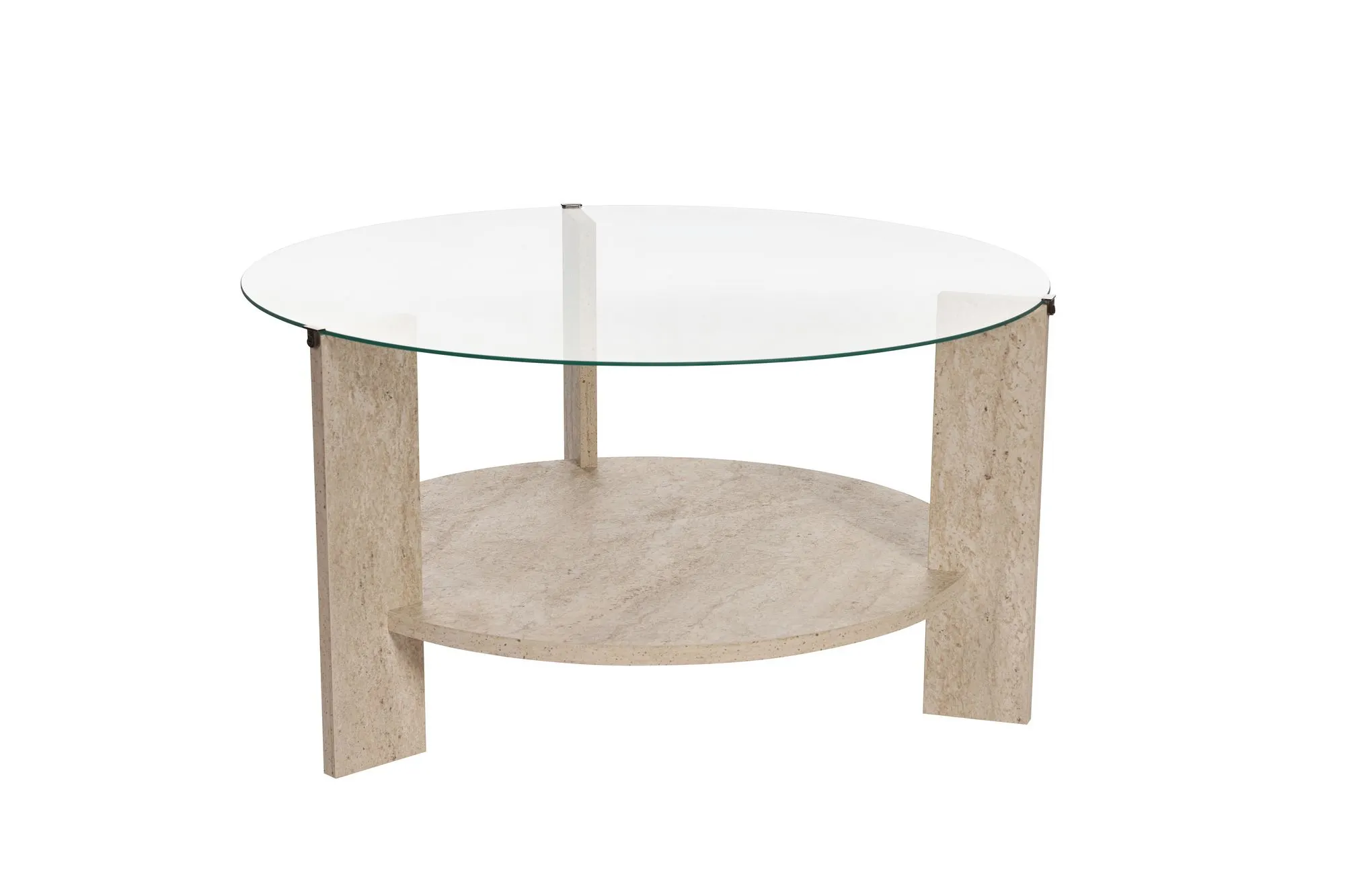 Stolik kawowy okrągły z półką CLARA 75 cm trawertynowy blat transparentny Stolik kawowy, Meble, Tabela, Blat stołowy, Stół do jadalni