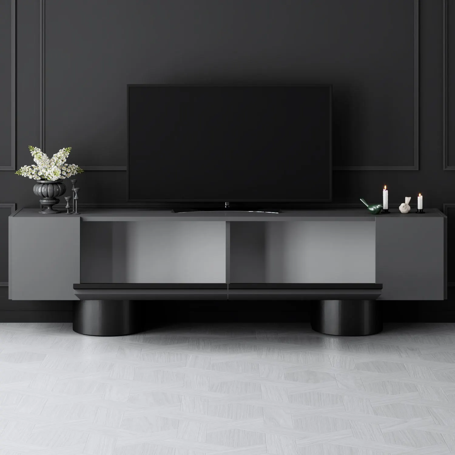 Szafka RTV z 2 klapami na blaszanych nogach BOHEM 180x50x30 cm antracyt czarny — zdjęcie 5