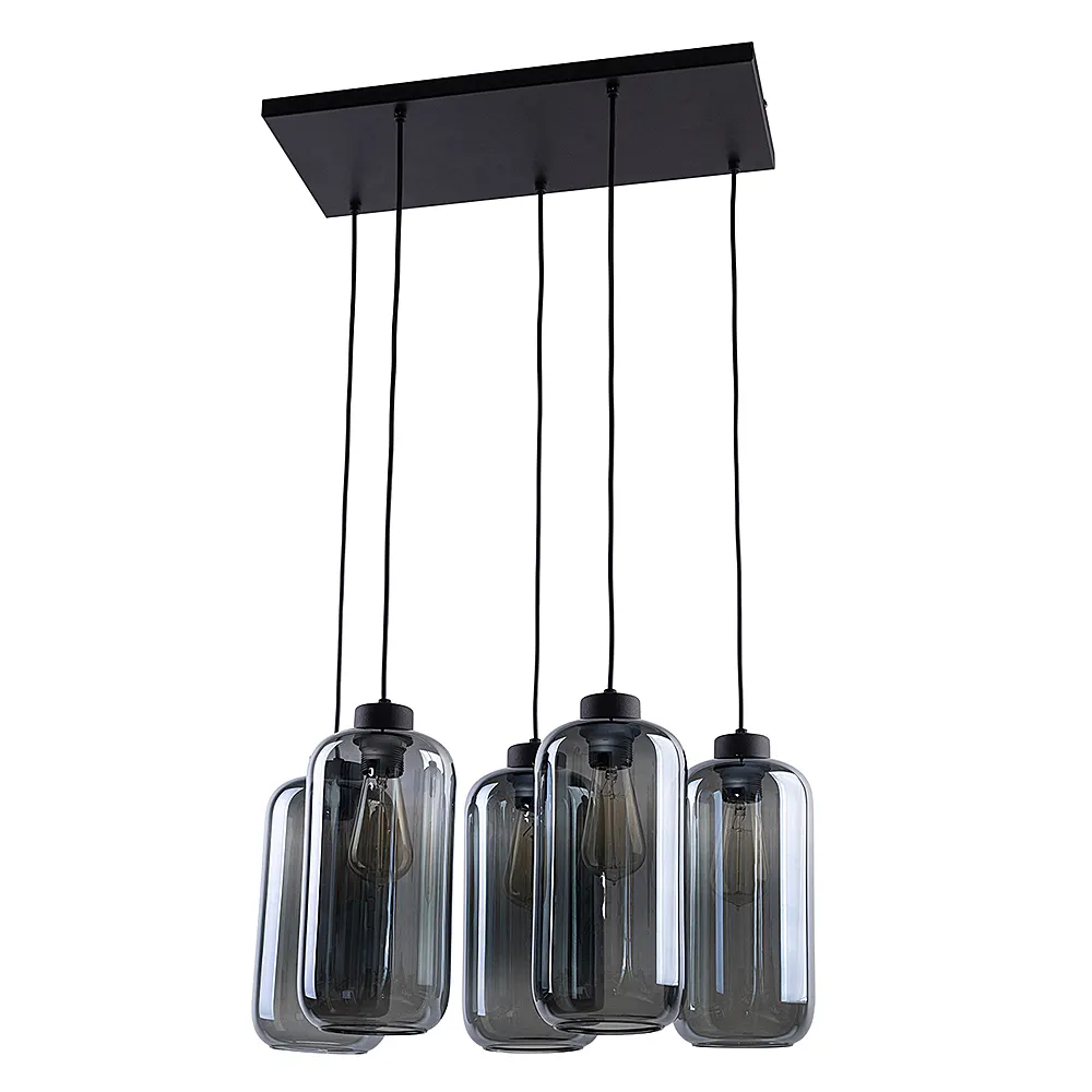 Lampa wisząca MARCO czarna na prostokątnej podstawie z szarymi szklanymi podłużnymi kloszami 120x55x30cm