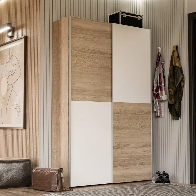 Szafa 2-drzwiowa OZZULA drzwi przesuwne 120cm dąb sonoma biały - OZLS62237-Q45F