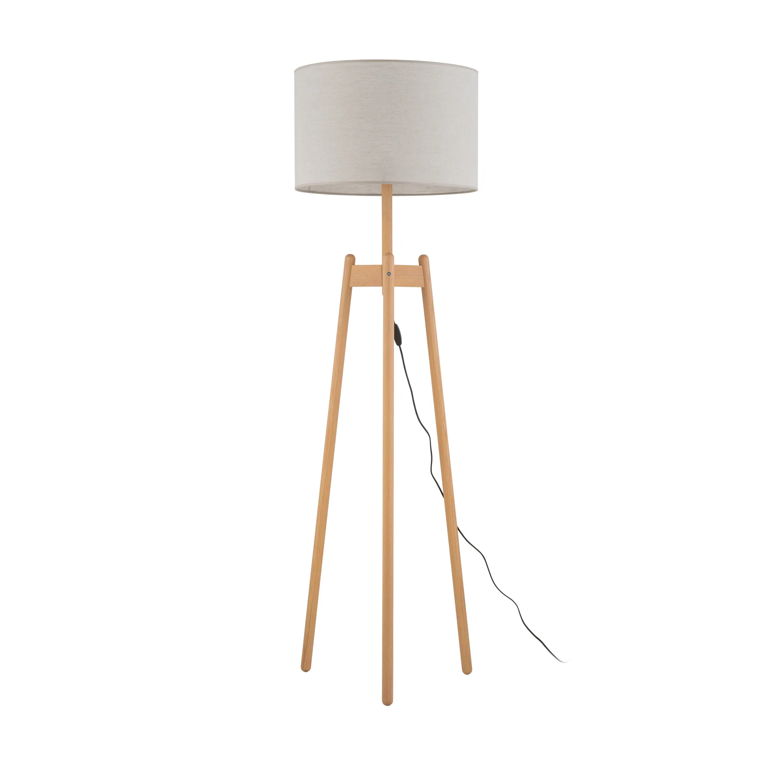 Lampa podłogowa PEREZ jasna sosna drewniane nogi lniany okrągły klosz