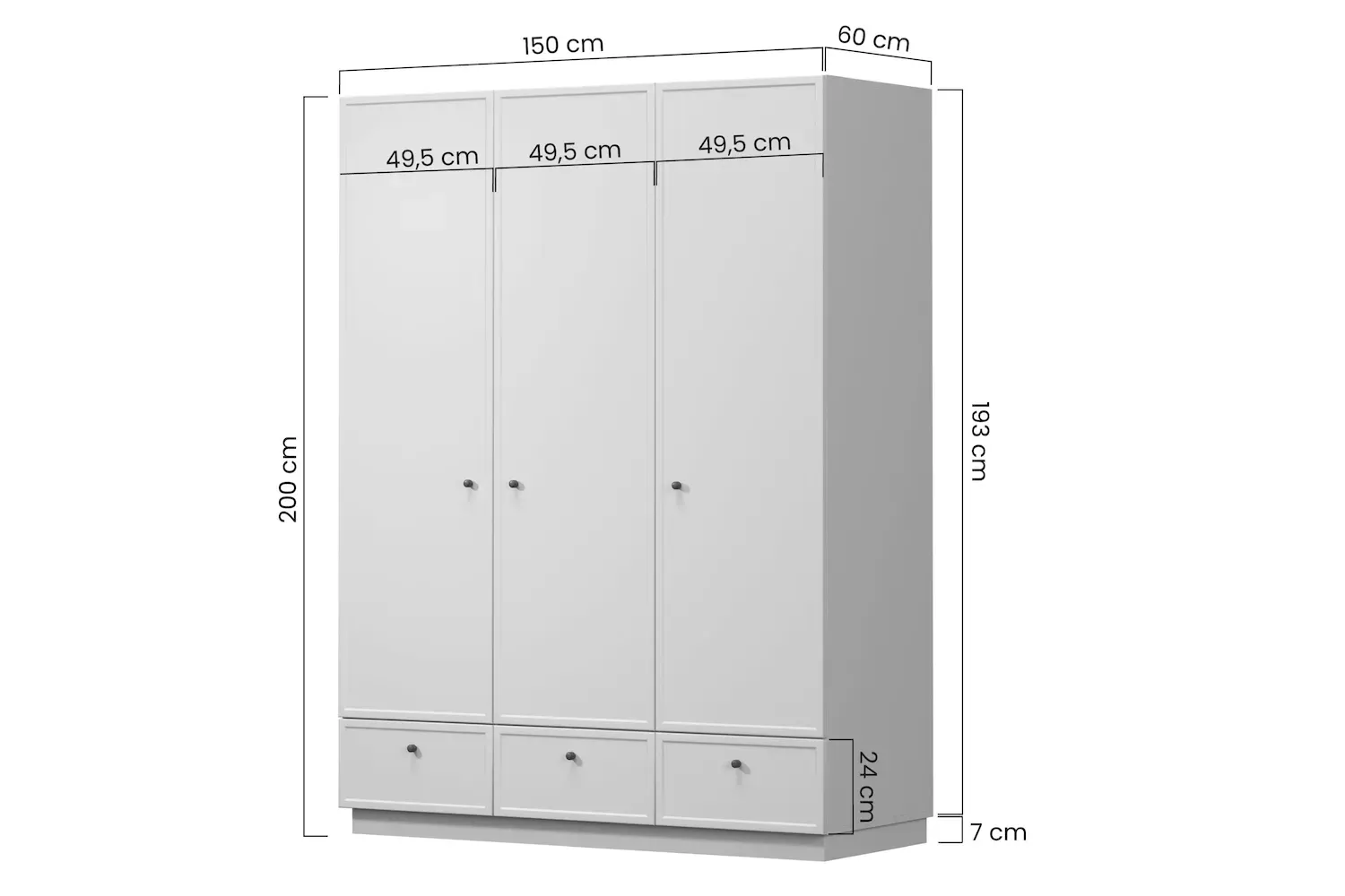 Szafa 3-drzwiowa z 3 szufladami LORINI 150 - cashmere gałka czarna cokół - B_166713
