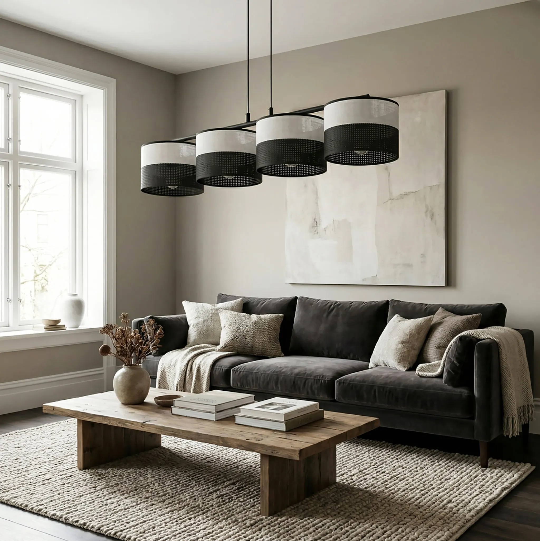 sofa, living room, stolik kawowy, lampy wiszące, neutralny wystrój