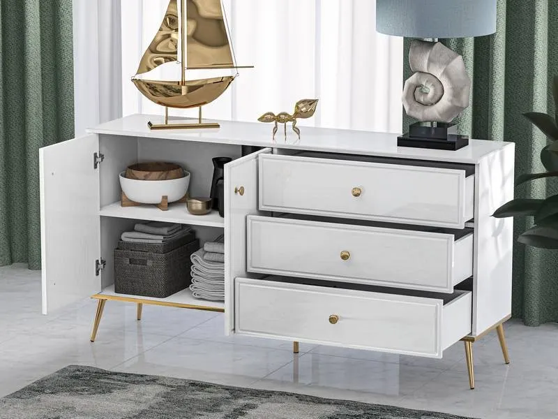 Komoda 2-drzwiowa z 3 szufladami GOLDIN 04 biały połysk na złotych nogach - 1GOLD04-001